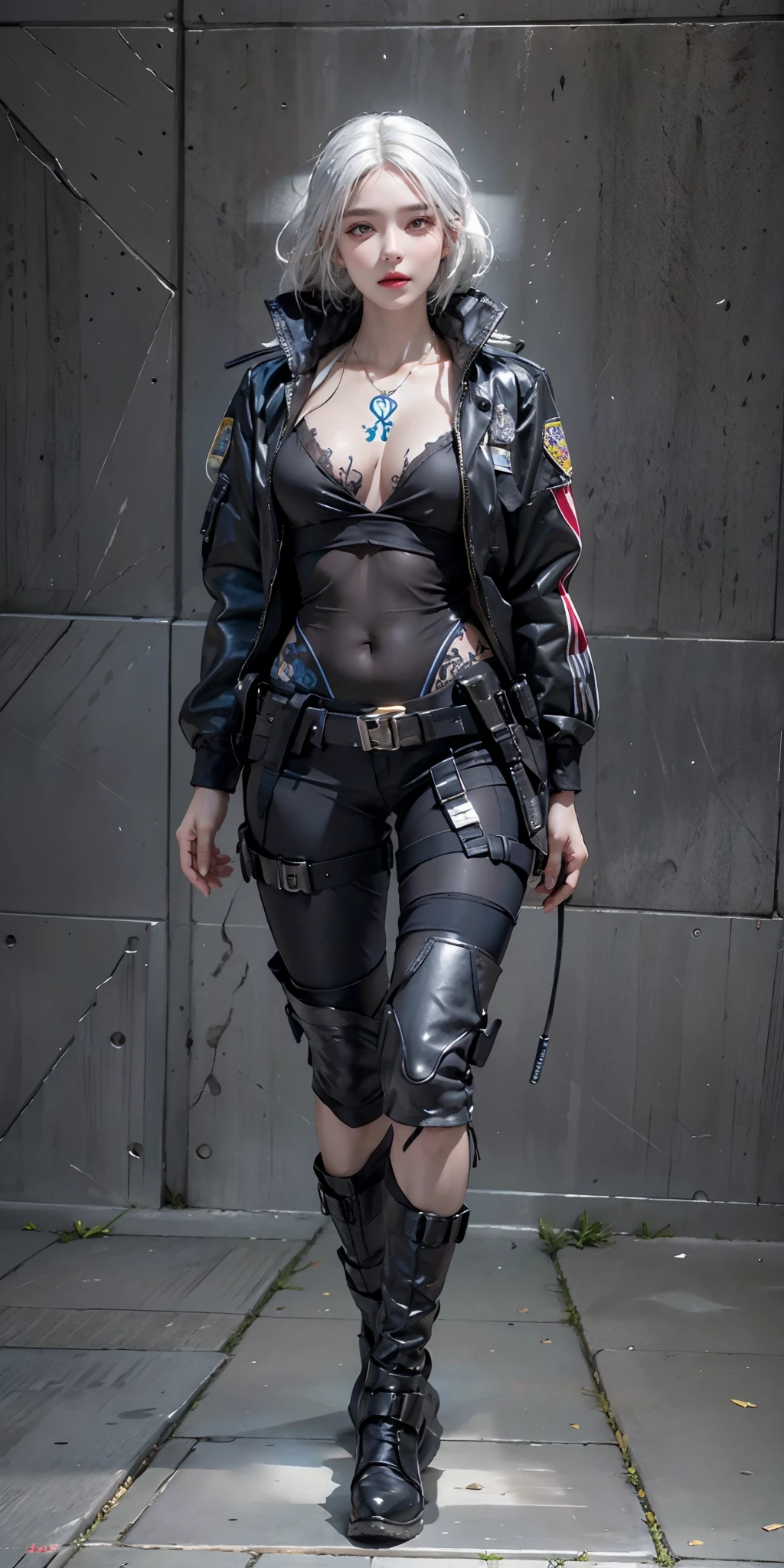 photorealistic, high resolution, soft light,1women, solo, hips up, (detailed face),tattoo, jewelry, night city, police uniform, white hair, police woman