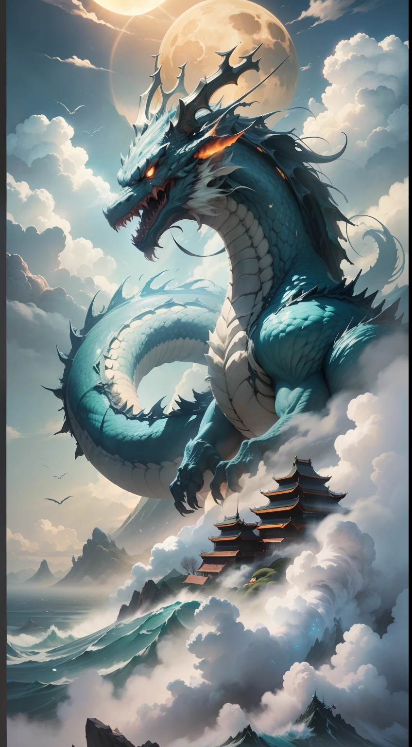 A huge dragon like a mountain devours the sun and the moon, its figure appears in the clouds, the black water is surging, (the waves rush to the sky), the fairy mountain island, (the pavilion is in the clouds in mid-air), ((clouds and mist)), roaring, fierce, ((Chinese mythology)), high quality, ultra-fine, detailed, accurate, (masterpiece), master work, (16k resolution), movie lighting, dynamic perspective
117/2000