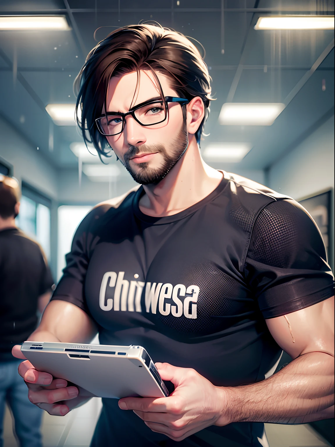 guys in their 30s, Brown hair, put on glasses, T-shirt, jeans, dark nifht, Heavy rain, lonely, the panorama, Ray tracing, reflective light, Chiaroscuro, Cinematic lighting, Glowing light, masutepiece, Best Quality, high details, hight resolution, ccurate, Textured skin, Wheat-toned skin、High quality, nffsw, hard disk、Bearded