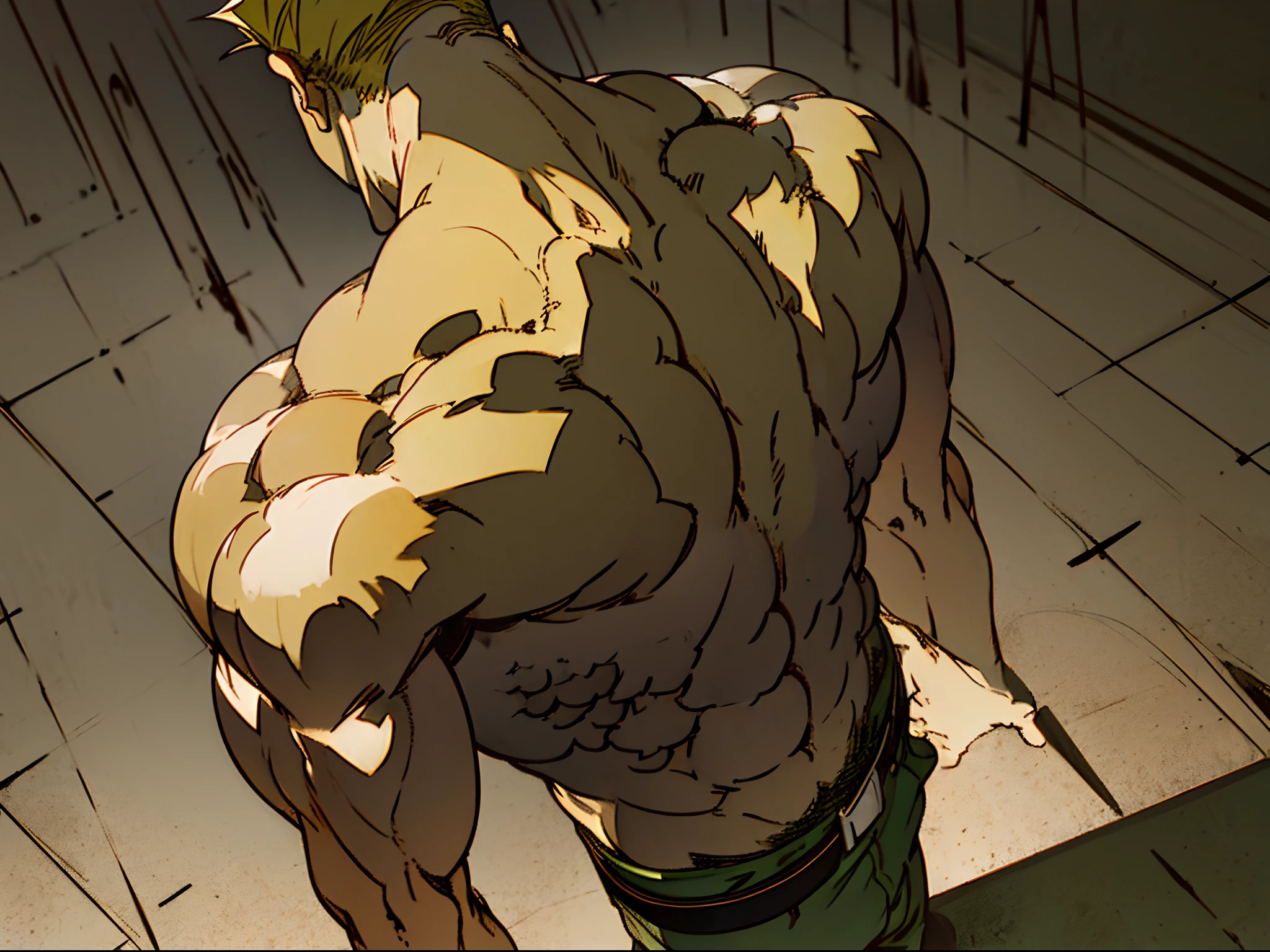 the back of the body,Angle from behind,Angle from above,looking on the ground,((((((Low saturation)))))),1man,strong man,toned abs,evil smile,blond hair,short hair cut,green shirt,dramatic shadow,standing pose,crossing hand,simple background