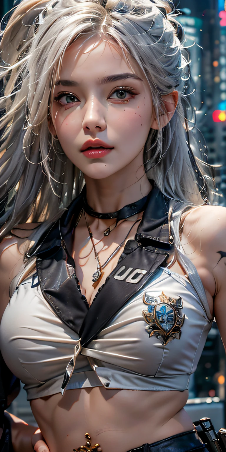 Photorealistic, high resolution, Soft light,1womanl, Solo, Hips up, (Detailed face),tattoo, jewelry, Night City, Police uniform, White hair