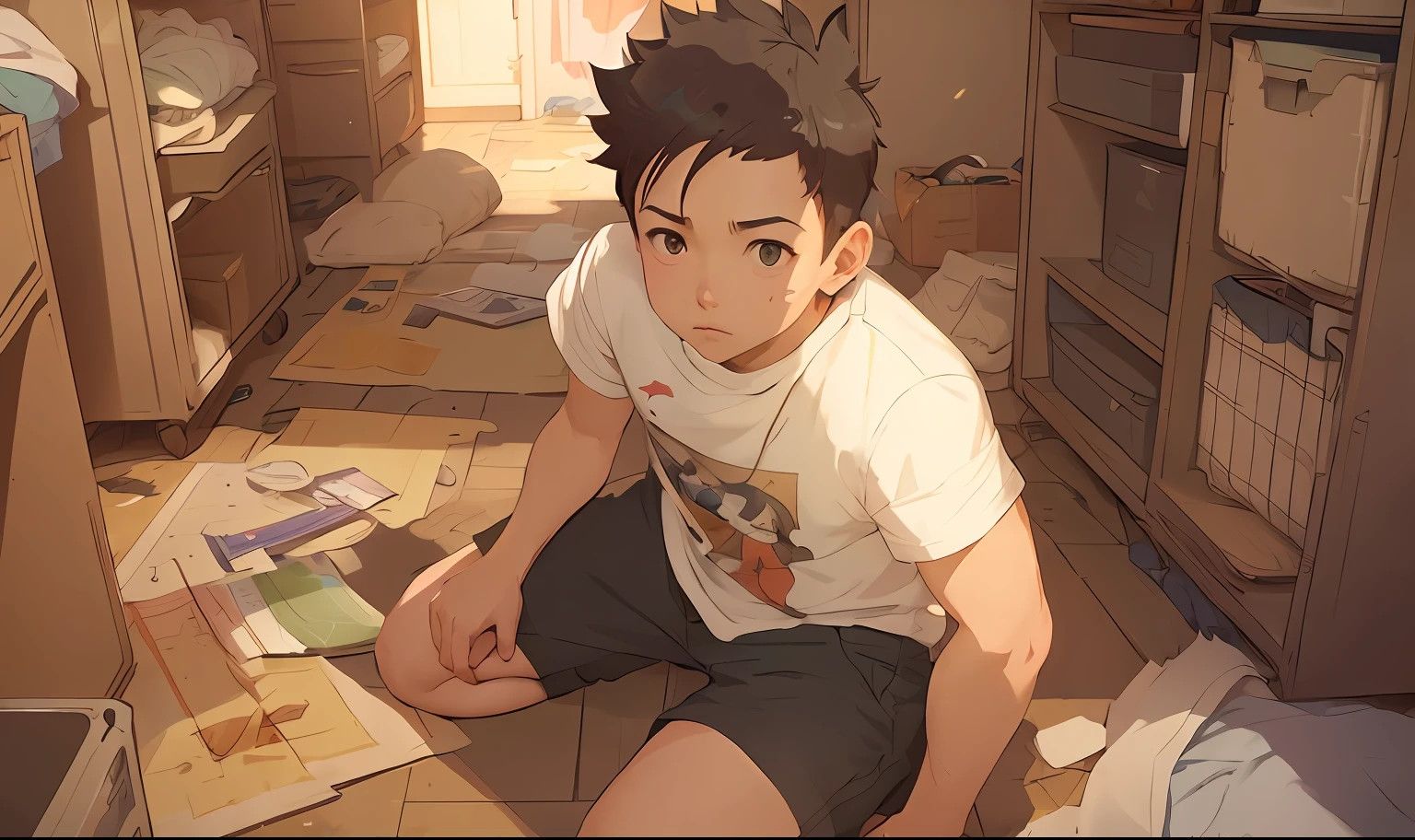 Anime boy sitting on floor in messy room, greg rutkowski makoto shinkai, Ross Tran e Makoto Shinkai, Makoto Shinkai. —h 2160, Guviz-style artwork, Shinkai Makoto style, ( ( Makoto Shinkai ) ), in the anime film, Guviz