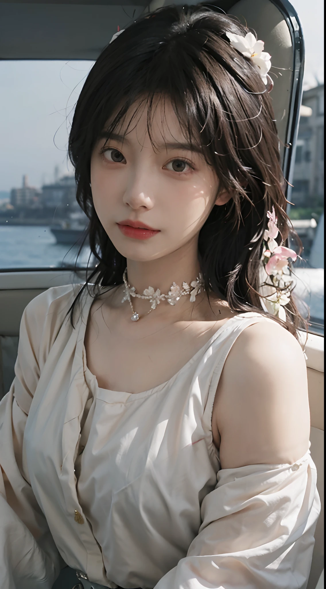 best qualtiy,tmasterpiece,超高分辨率,(realisticlying:1.4),1girll,Large wavy curls,二重まぶた,A pair of peach blossom eyes,Pure,Stunner,choker necklace,adolable,Snow-white translucent skin,head straight-looking at viewer,On the yacht,Full of atmosphere,formal outfit, tiese, Pure,hair pin:1.4,(The upper part of the body:1.4),