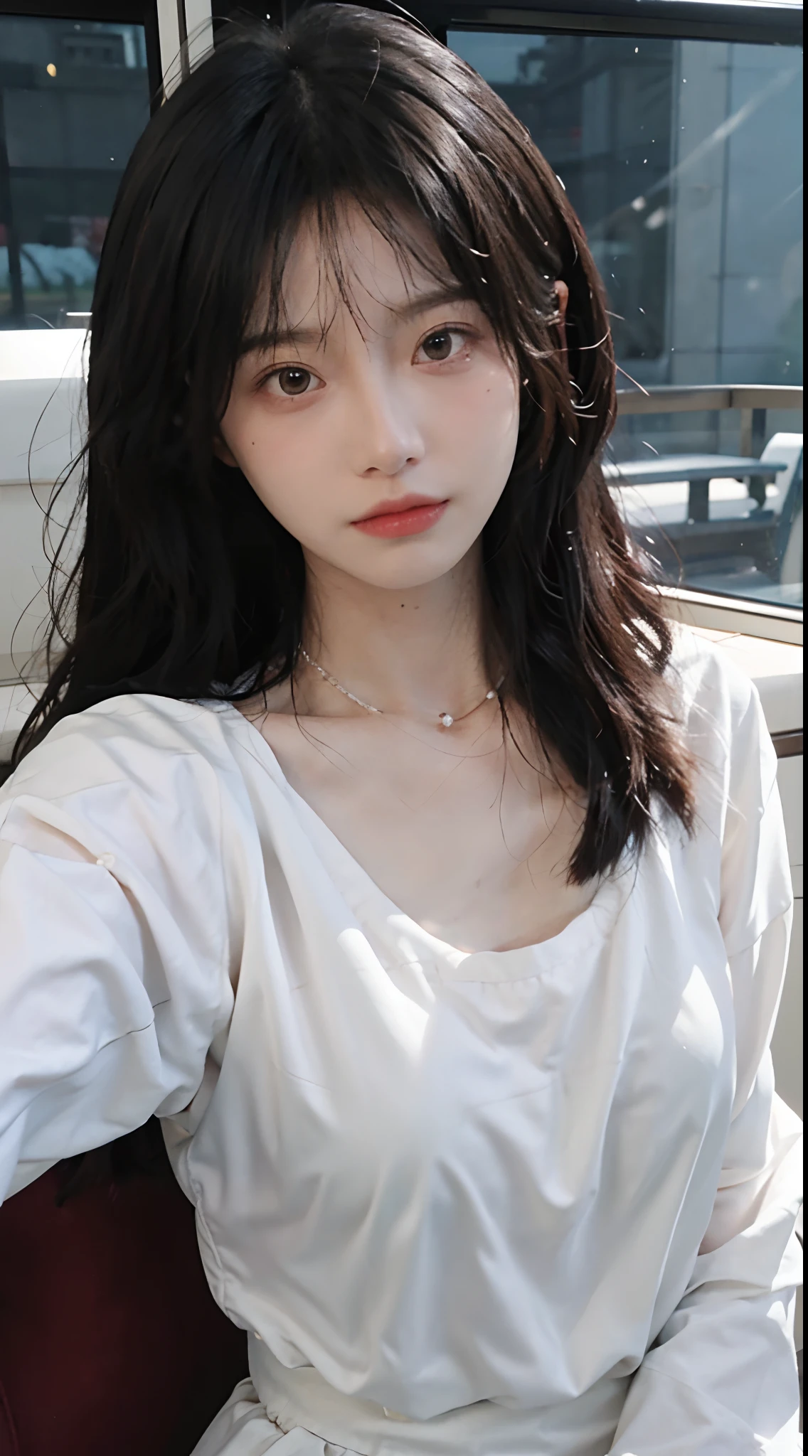 best qualtiy，tmasterpiece，超高分辨率，（realisticlying：1.4），1girll，Large wavy curls，二重まぶた，A pair of peach blossom eyes，Pure，Stunner，choker necklace，adolable，Snow-white translucent skin，head straight-looking at viewer，On the yacht，Full of atmosphere，formal outfit, tiese, Pure，hair pin：1.4，（The upper part of the body：1.4），