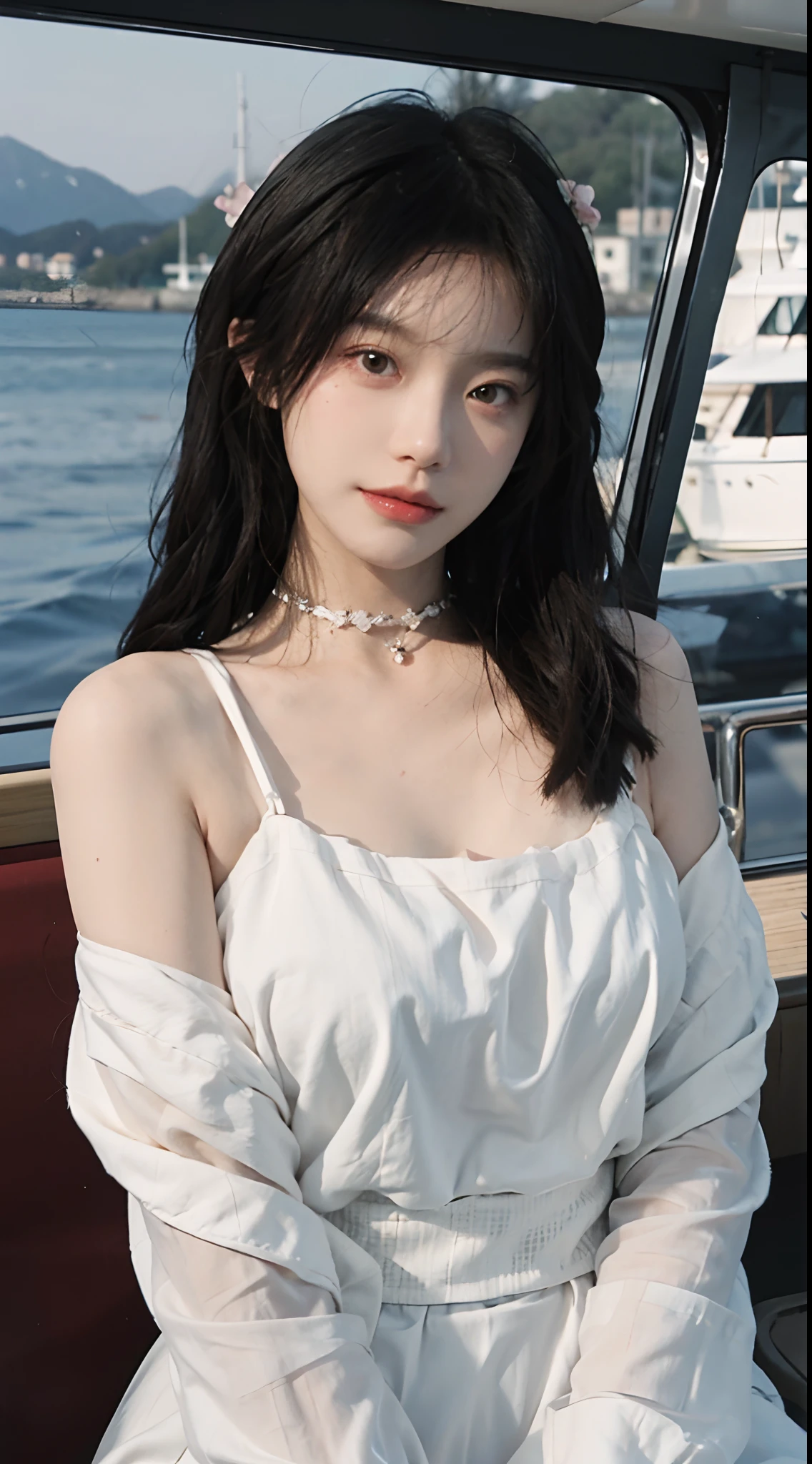Temperament girl, delicate facial features, big breasts, bangs, pink ponytail, messy hair, hair is very realistic, wearing a pink slip dress, the background is Ferris wheel, sea view, Du Qiong, exquisite makeup, light red lips, big eyes, double eyelids, black holes, bright eyes, symmetrical face, very real face, narrow waist, thighs, big breasts, meticulously portrayed the girl's face, blush, super high appearance, looking at the audience, very realistic skin, skin oil reflection, artwork, clothes with real fabric texture , realistic painting, cinematic style, photography level, ray tracing, real light and shadow effects, realism, masterpiece, like the top photography effect, 8K