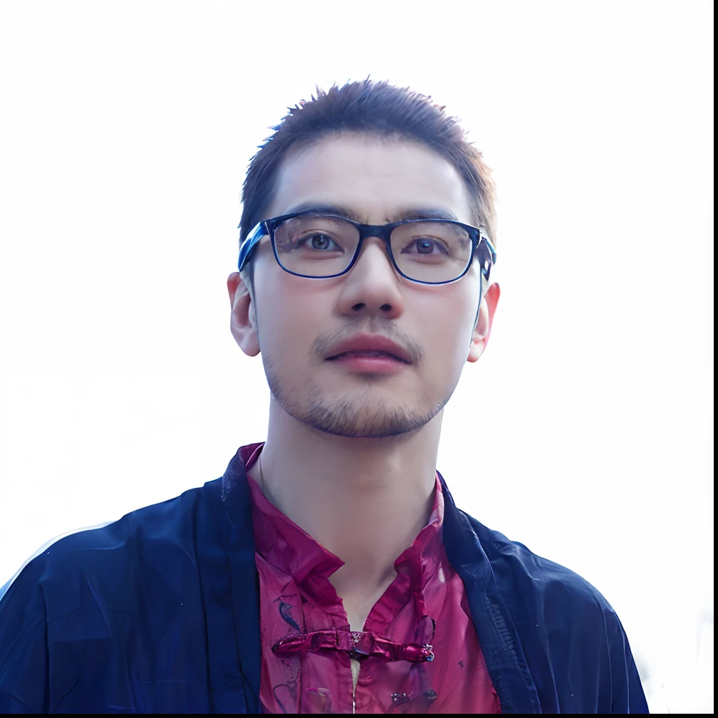 Man wearing glasses in a red shirt and blue cape, Chinese style dark tone background，phong yintion j - jiang geping, yintion j - jiang geping, mingchen shen, zeng fanzh, Liang Xing, qi sheng luo, feng shu, lin hsiang, yangjun chen, Bo Feng, Leng Jun