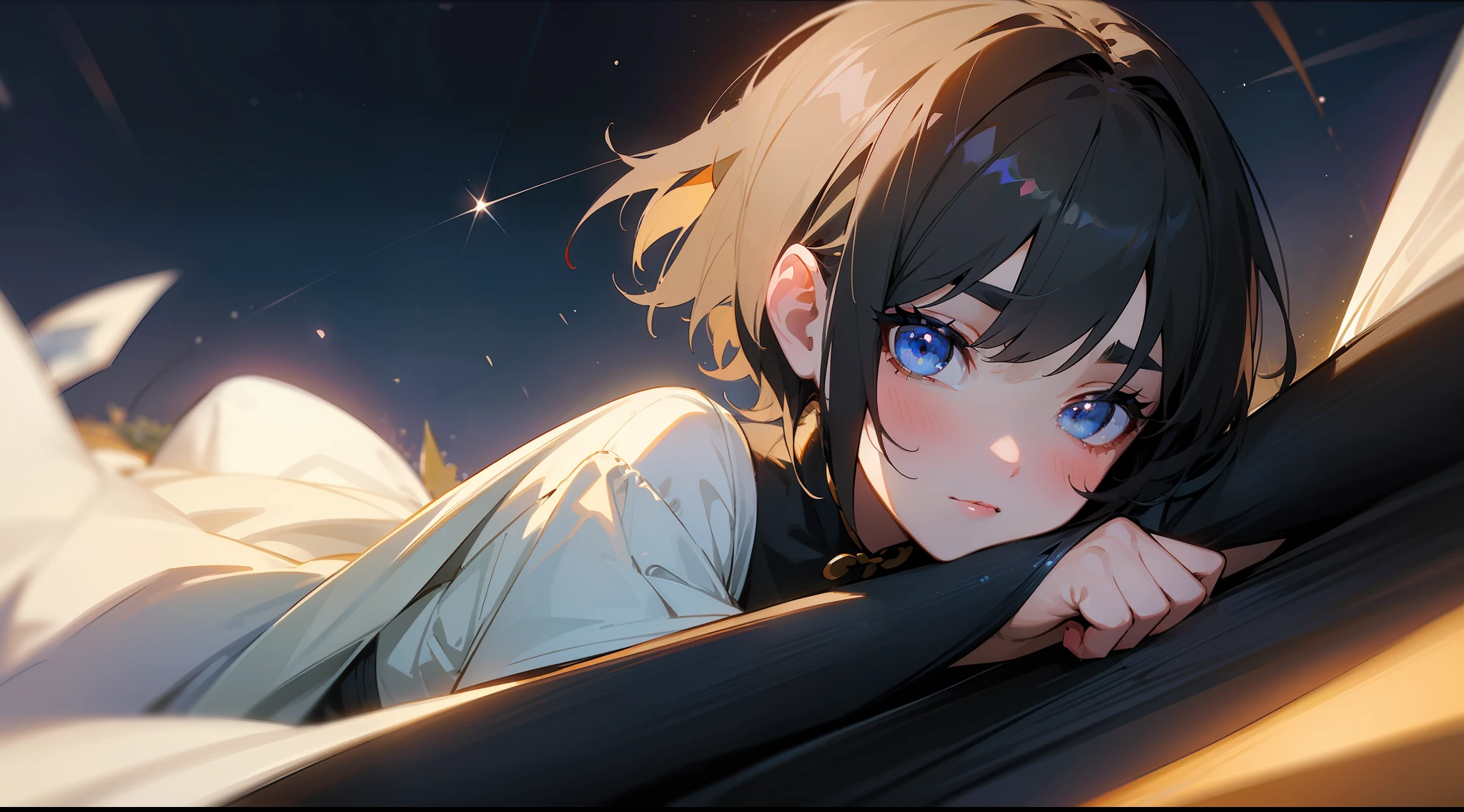 Original Characters、Volume Lighting、Best Shadows、Shallow depth of field、Portrait of an amazingly beautiful girl、Delicate beautiful attractive face with petite and seductive eyes、summer evening、skyrocket、Sharp Eyebrows、Girl Wearing Yukata、Black Hair Shortcut Hair、Blush Eyeshadow、Shining eyes、Dark eyelashes、blue yukata、Slim waist、River、Starry night sky、standingn、(top-quality、Superb Detail:1.25)、(独奏:1.3)、Brilliant Colorful Paintings