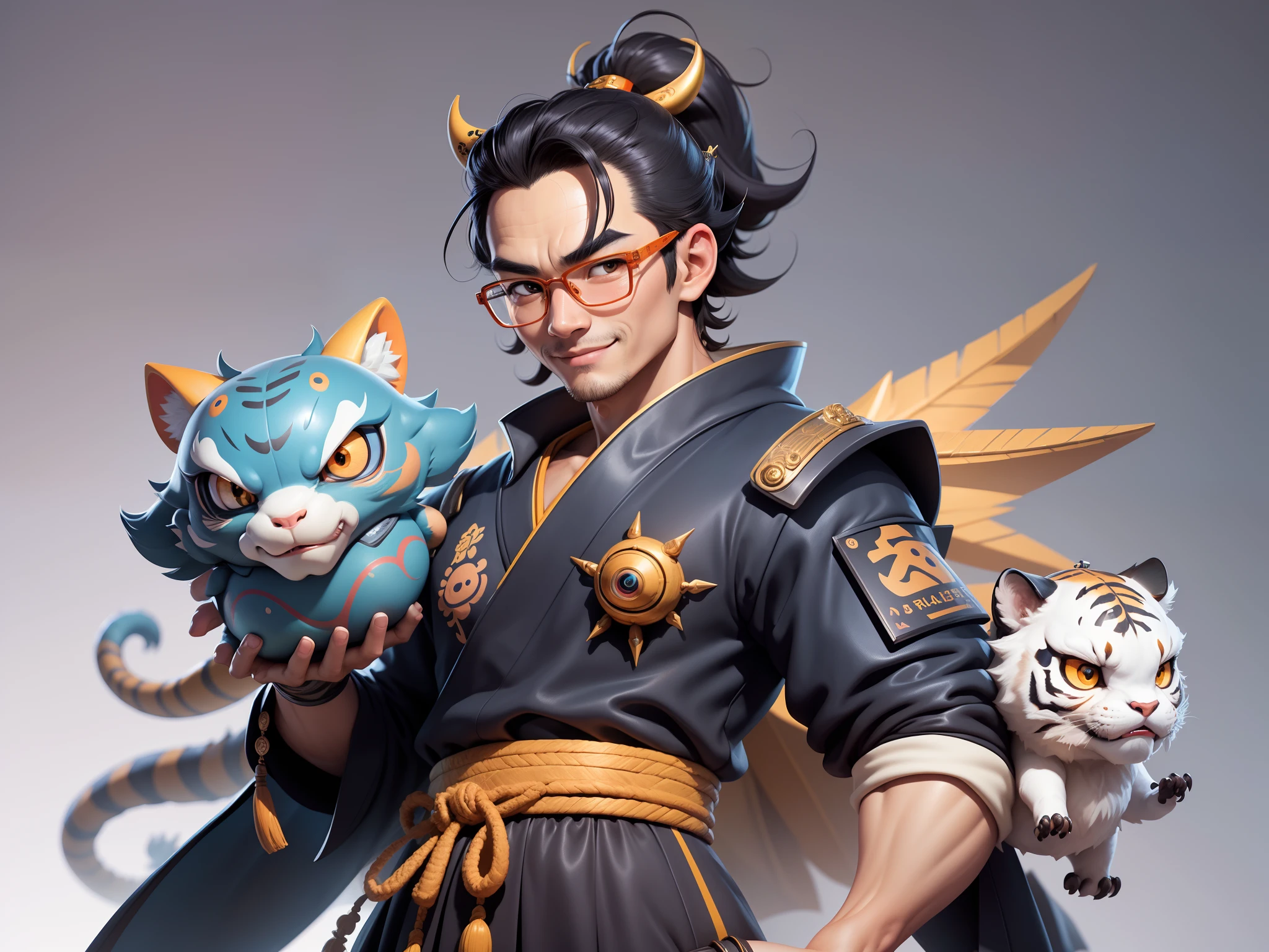 (Masterpiece), (Excellent), (Super Meticulous), (Full Body: 1.2), Super Young Man with Japanese Female Geisha, Pretty, Beautiful, Chinese Dragon, Tiger, Wind God Thor, Sexy, Bursting, Oriental Face, TV Anchor, Bust Portrait Illustration, Black Suit, Blue Tie, Slightly Chubby Face, Silver Glasses, Very Clean Face, No Beard on Chin, Black Super Short Hair, Black Eyes, Confident Smile, 3c Computer Sub-Products, iPad, iPhone, Digital Painting, 3D character design by Mark Clairedon and Pixar and Hayao Miyazaki and Akira Toriyama, the illustrations are HD illustrations in 4K resolution with highly detailed facial features and cartoon-style visuals.