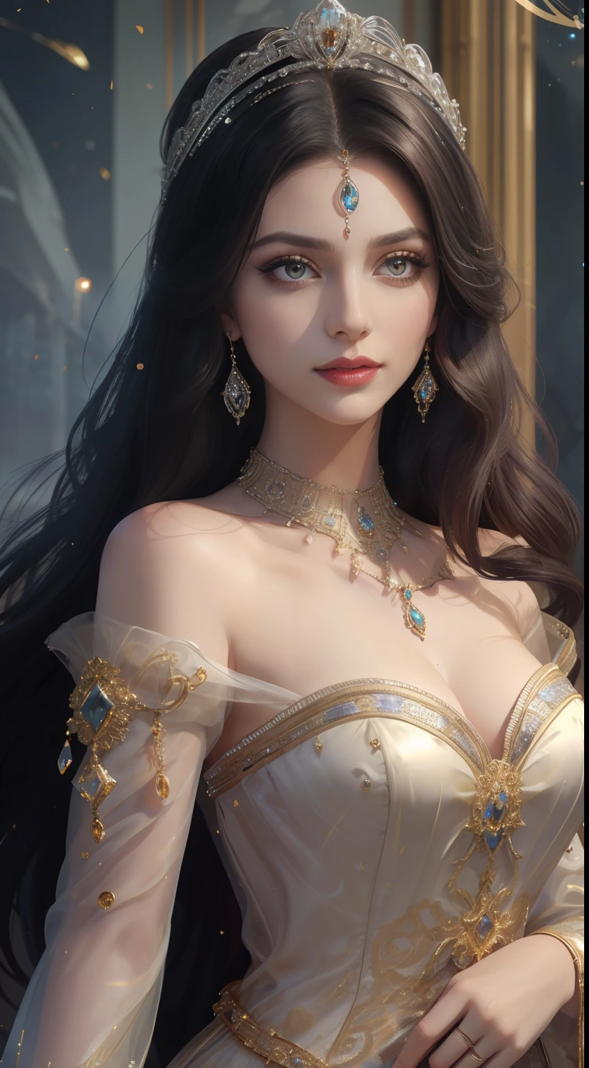 tmasterpiece，Highest image quality，Beautiful bust of a royal lady，Delicate black hairstyle，Amber eyes are clear，Embellished with a dazzling array of intricate jewelry，super detailing，upscaled。