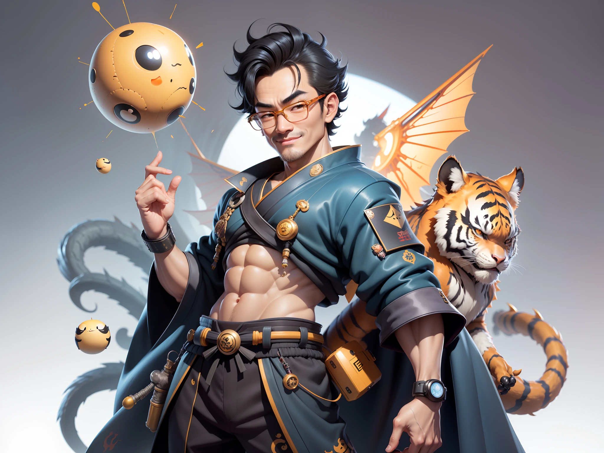 (Masterpiece), (Excellent), (Super Meticulous), (Full Body: 1.2), Super Young Man with Japanese Female Geisha, Pretty, Beautiful, Chinese Dragon, Tiger, Wind God Thor, Sexy, Bursting, Oriental Face, TV Anchor, Bust Portrait Illustration, Black Suit, Blue Tie, Slightly Chubby Face, Silver Glasses, Very Clean Face, No Beard on Chin, Black Super Short Hair, Black Eyes, Confident Smile, 3c Computer Sub-Products, iPad, iPhone, Digital Painting, 3D character design by Mark Clairedon and Pixar and Hayao Miyazaki and Akira Toriyama, the illustrations are HD illustrations in 4K resolution with highly detailed facial features and cartoon-style visuals.