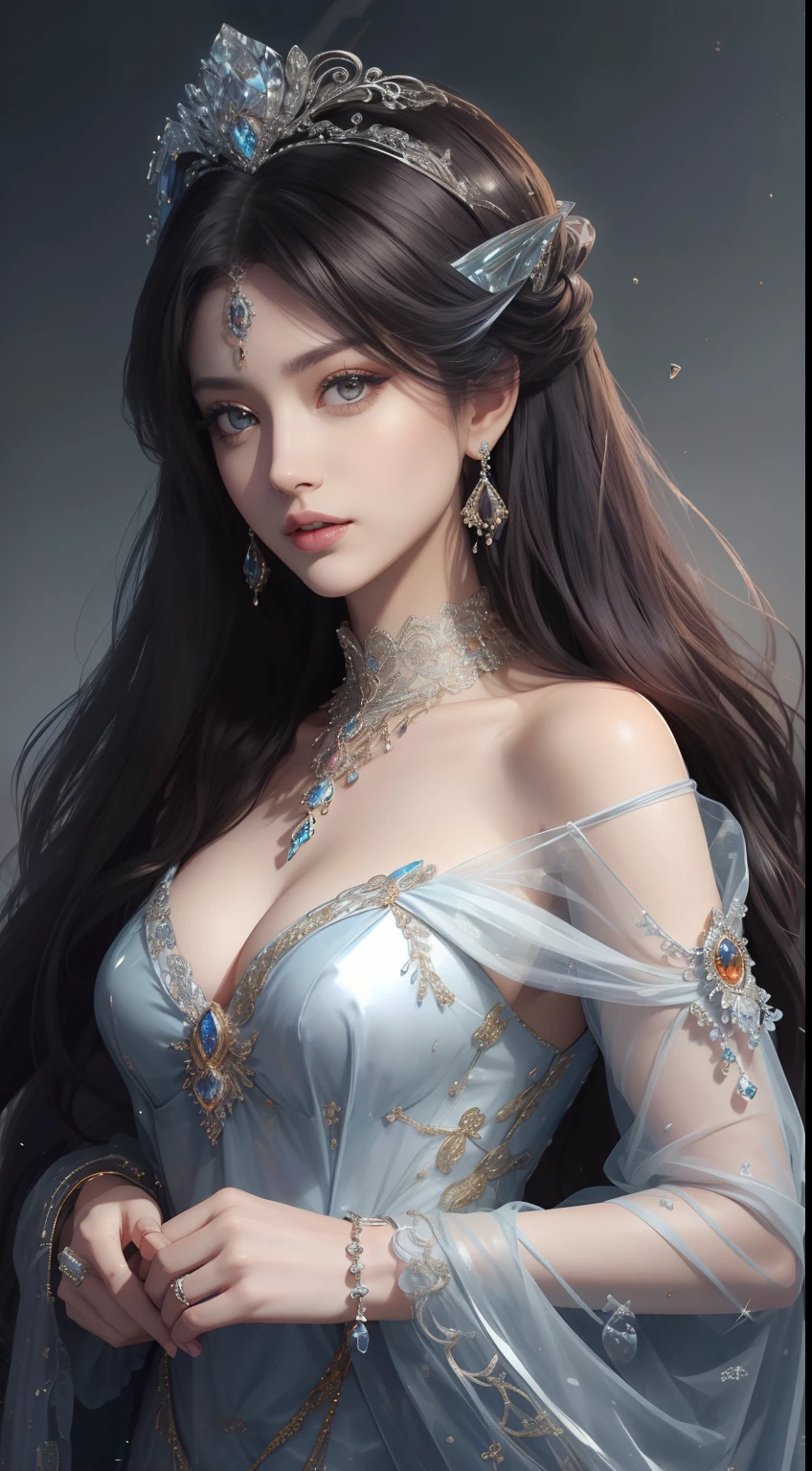 tmasterpiece，Highest image quality，Beautiful bust of a royal lady，Delicate black hairstyle，Amber eyes are clear，Embellished with a dazzling array of intricate jewelry，super detailing，upscaled。