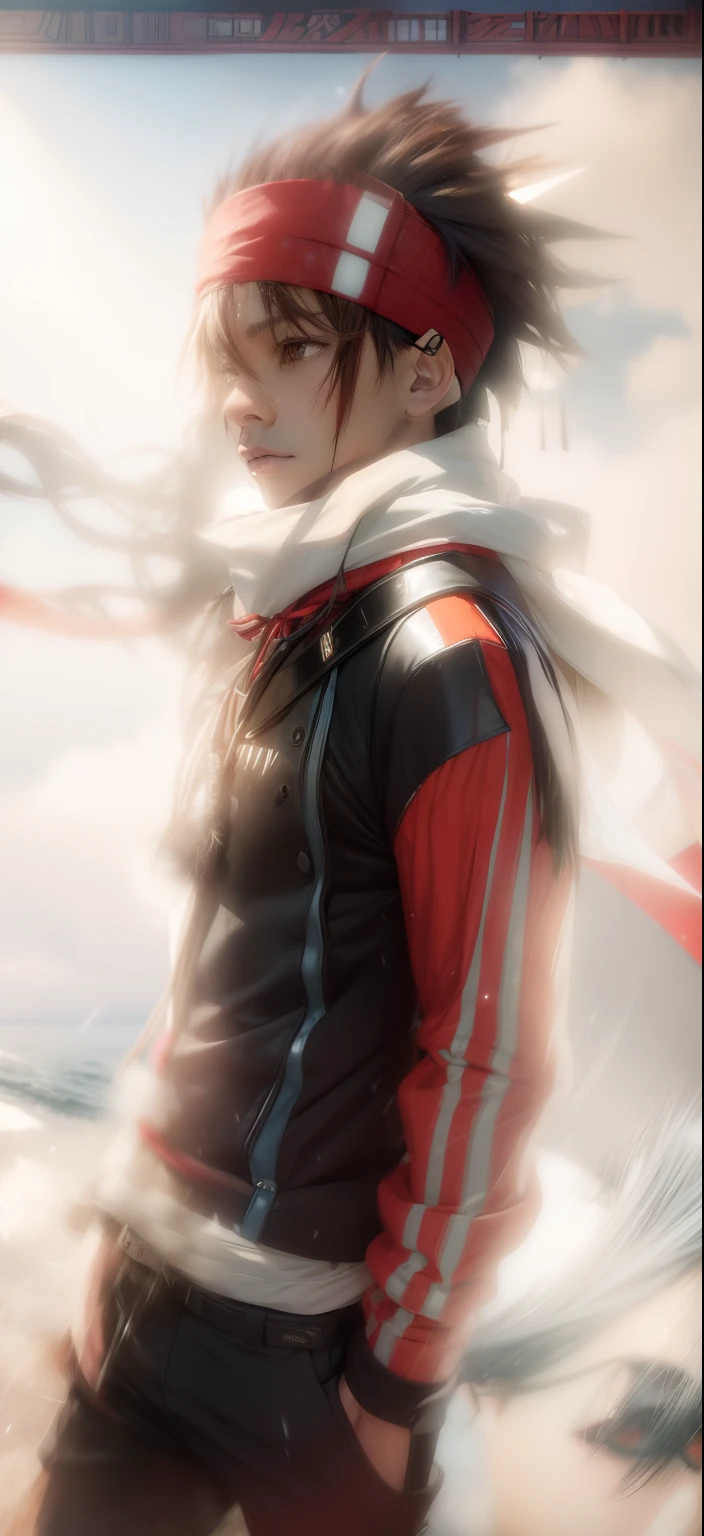 A light skinned mixed race African male with anime style spiked back hair, Red sleeves and hands in pockets, a red sweat band with a black line going down the side and a white line going down the side on the sweat band, with a long white shinobi scarf flowing in the wind standing in a dream like world standing on water on an endless sea horizon with endless clouds floating above, red eyes, red anime style spiked hair bangs in the front over the forehead, highest photo realistic