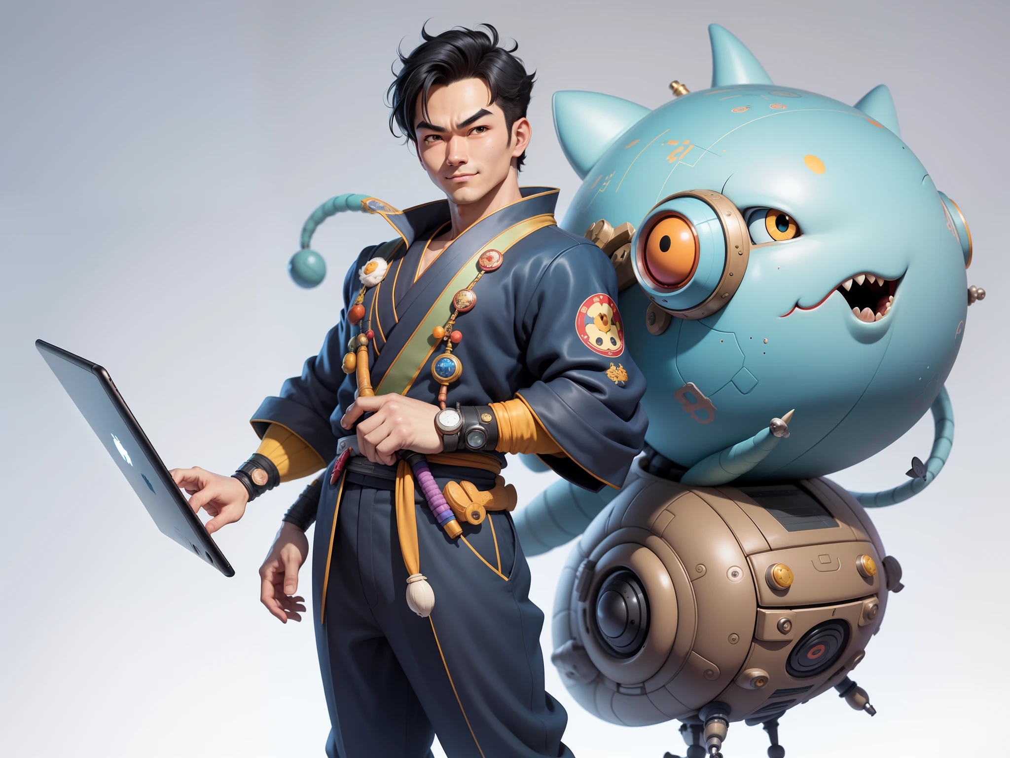 (Masterpiece), (Excellent), (Super Meticulous), (Full Body: 1.2), Super Young Man, Oriental Face, Japanese Kimono, Japanese Wind Thunder God, Dragon, Tiger, TV Anchor, Bust Portrait Illustration, Alone, Black Suit, Blue Tie, Slightly Chubby Face, Very Clean Face, No Beard, Black Super Short Hair, Black Eyes, Confident Smile, 3c Computer Sub-Products, iPad, iPhone, Digital Painting, 3D Character Design by Akira Toriyama and Mark Claireden and Pixar and Hayao Miyazaki, The illustration is a high-definition illustration in 4K resolution with very detailed facial features and cartoon-style visuals.