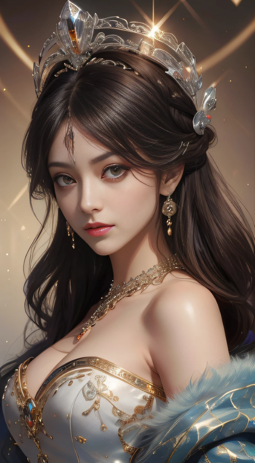 tmasterpiece,Highest image quality,Beautiful bust of a royal lady,Delicate black hairstyle,Amber eyes are clear,Embellished with a dazzling array of intricate jewelry,super detailing,upscaled。