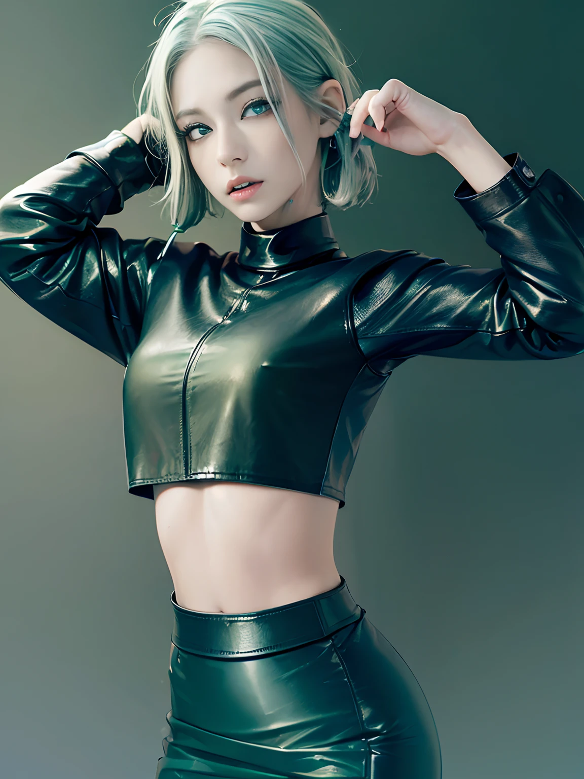 Arms behind back, ((bound arms, restrained, rope, tied up)), (((((((Black leather))))))), ((crop top, long sleeves, pencil skirt, ((goth)), knee boots)), white thigh socks, Slightly happy, Short hair, (((white hair))), ((white hair with ((blue tips)))), blue dye, ((((((green eyes)))))), ((small breasts)), best quality, high-res, masterpiece, 8k, (((mature, woman))), solo, 1 girl, ((black makeup, eyeshadow))