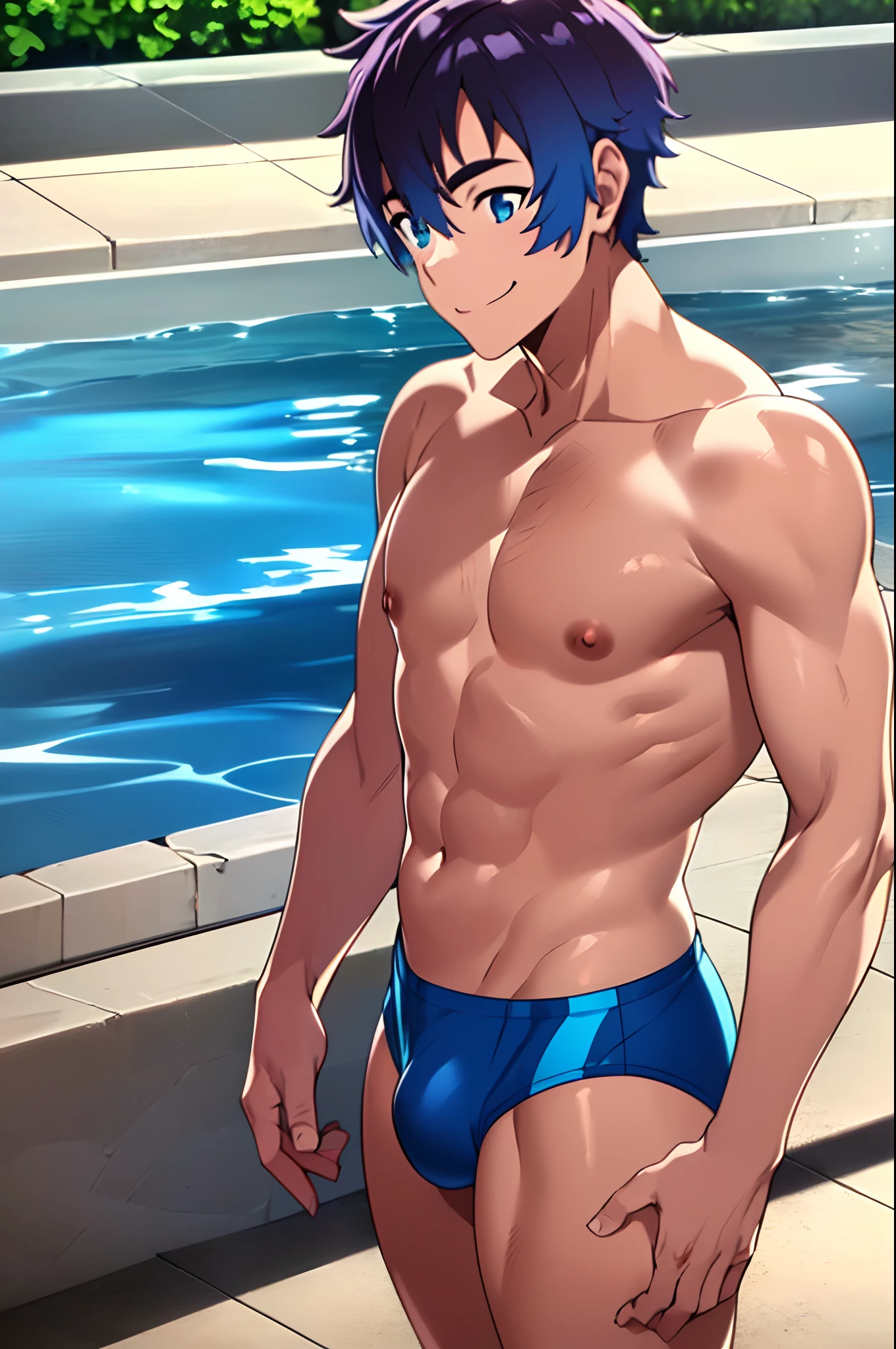 (Ultra High Definition Face), Perfect Anatomy, musculature, (Bulge), cyan colors((Men's Competitive Swimwear)), ((((Shirtless Man)))), ((Shiny body)), (toppless), (Super masterpiece), Sunshine, in poolside, hight resolution, (Ultra high definition), 1boy, swimsuit shiny, back-view, ((Anime coloring)), A smile