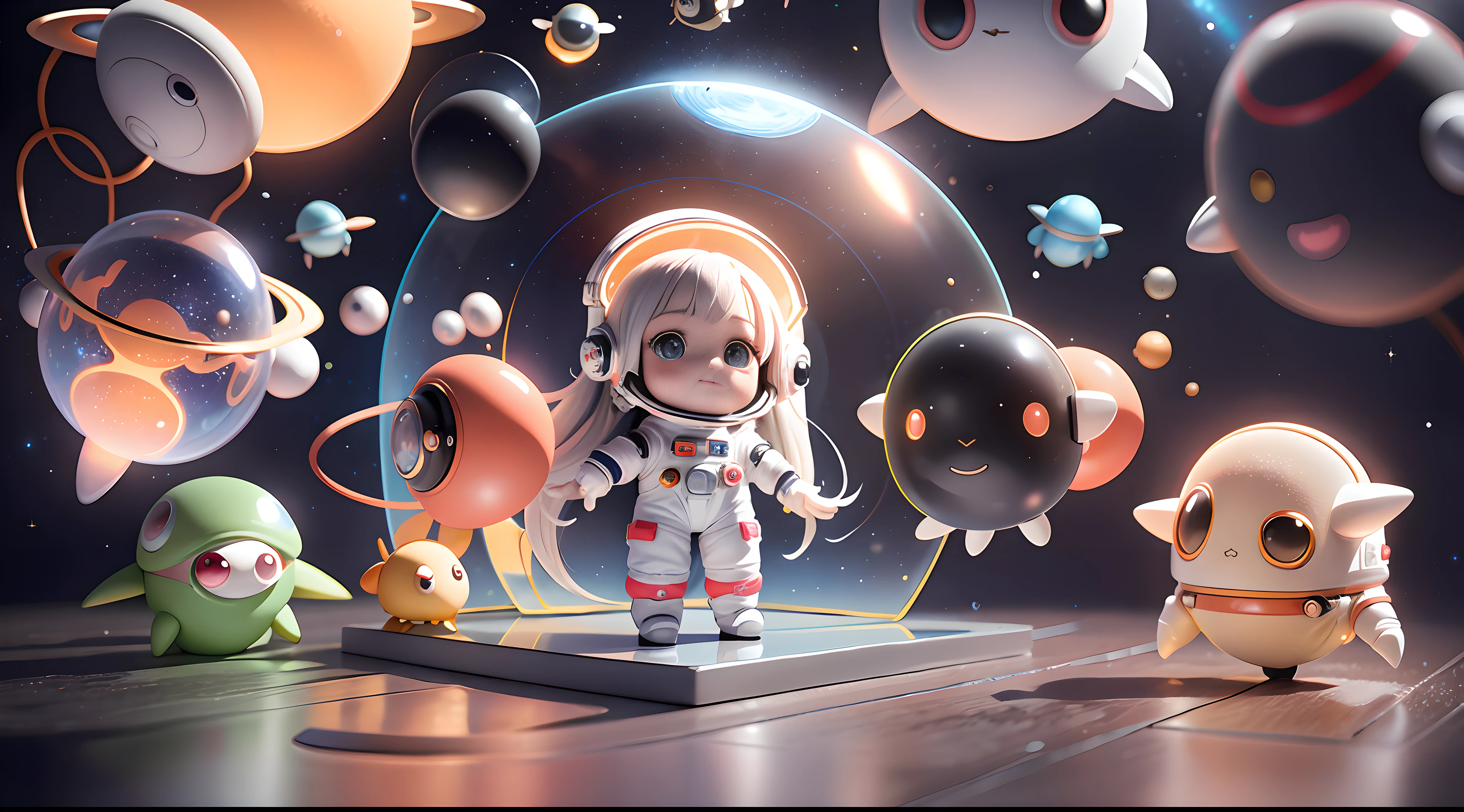 Cute girl ride on spaceship, Smile and cute pose ,Orange and white color, (Cute Astronaut: 1.331), Cute Style, Small, Big Head, 3D Rendering, ((Q Version)), Pokémon style, Machine Style, Cinematic Texture, Figures, Pokémon, Movie Lights, Heavy Robotic Arm, Mechanical Belly, Mechanical Legs, Mechanical Legs, Mechanical Sense, Spinning, Colorful Lightning, Lightning, Cool, Clean White Background, Ray Tracing, Premium Colors, Full Body 3D Model, Action, Stylish Blind Box Toys. (fill body:1.2),chibi