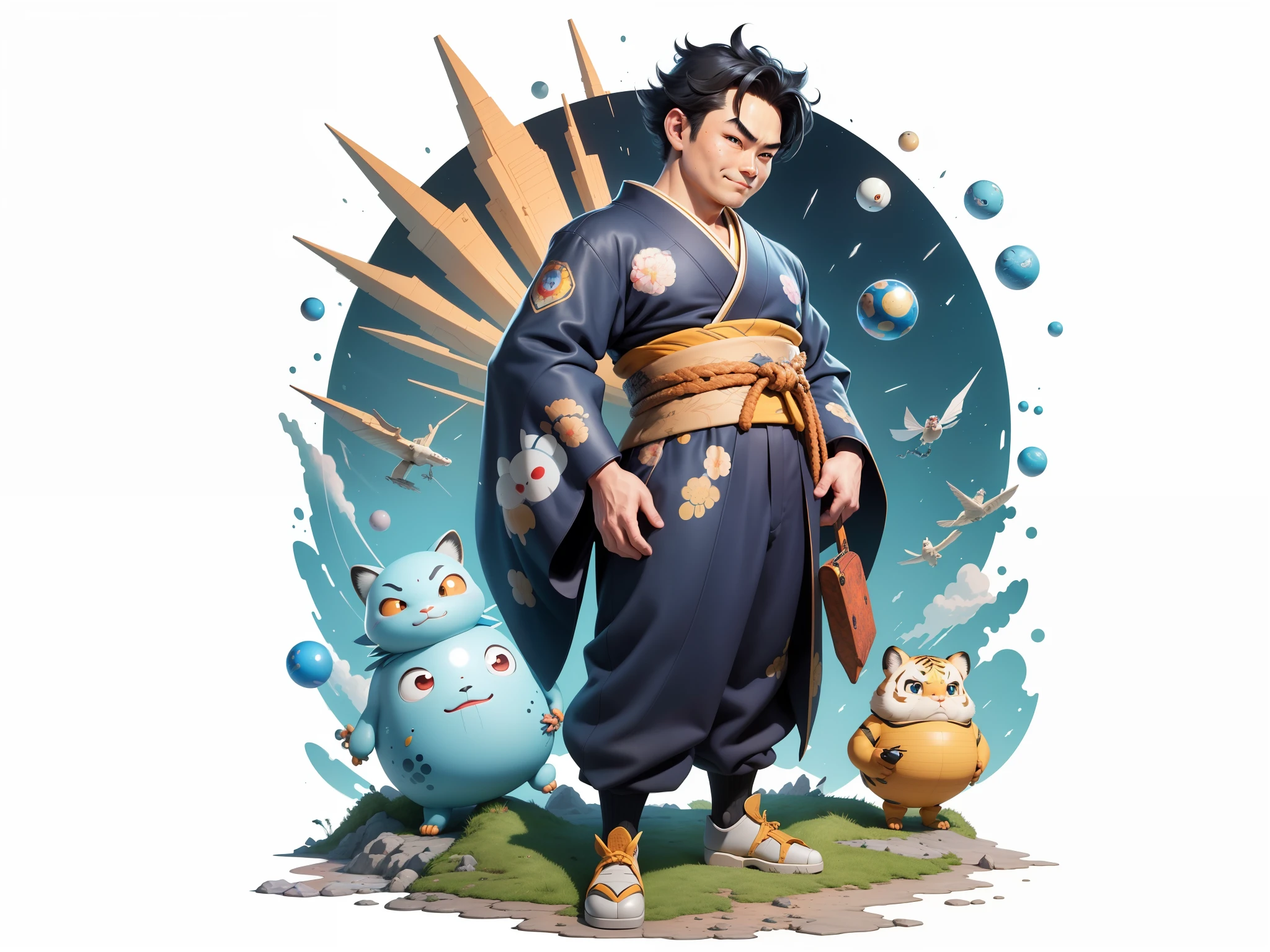 (Masterpiece), (Excellent), (Super Meticulous), (Full Body: 1.2), Super Young Man, Oriental Face, Japanese Kimono, Japanese Wind Thunder God, Dragon, Tiger, TV Anchor, Bust Portrait Illustration, Alone, Black Suit, Blue Tie, Slightly Chubby Face, Very Clean Face, No Beard, Black Super Short Hair, Black Eyes, Confident Smile, 3c Computer Sub-Products, iPad, iPhone, Digital Painting, 3D Character Design by Akira Toriyama and Mark Claireden and Pixar and Hayao Miyazaki, The illustration is a high-definition illustration in 4K resolution with very detailed facial features and cartoon-style visuals.