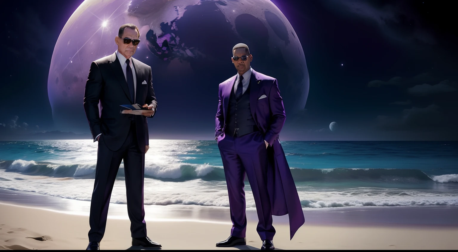 tommy lee jones and will smith from the men in black movie with glasses on a moon beach with a purple coloured ocean with a view of earth