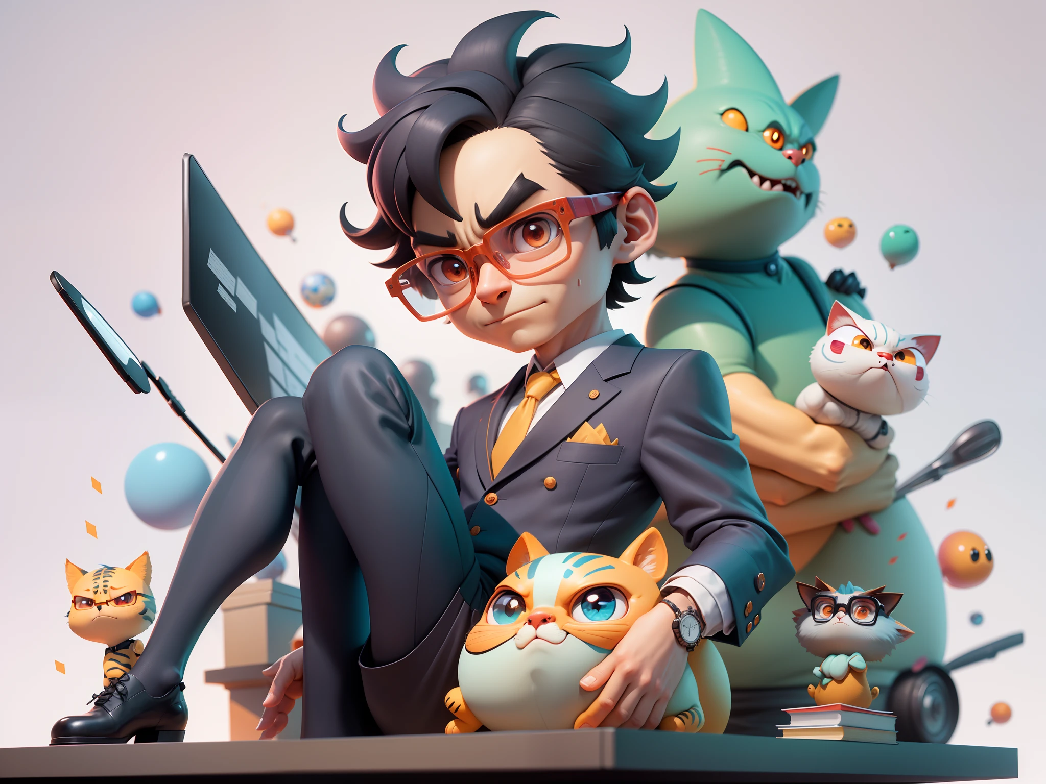 A young man in a suit, Short hair and glasses sat at his desk，holding laptop，digitial painting，tigre，3D character design by Mark Clairen and Pixar and Hayao Miyazaki and Akira Toriyama，4K HD illustration，Very detailed facial features and cartoon-style visuals。