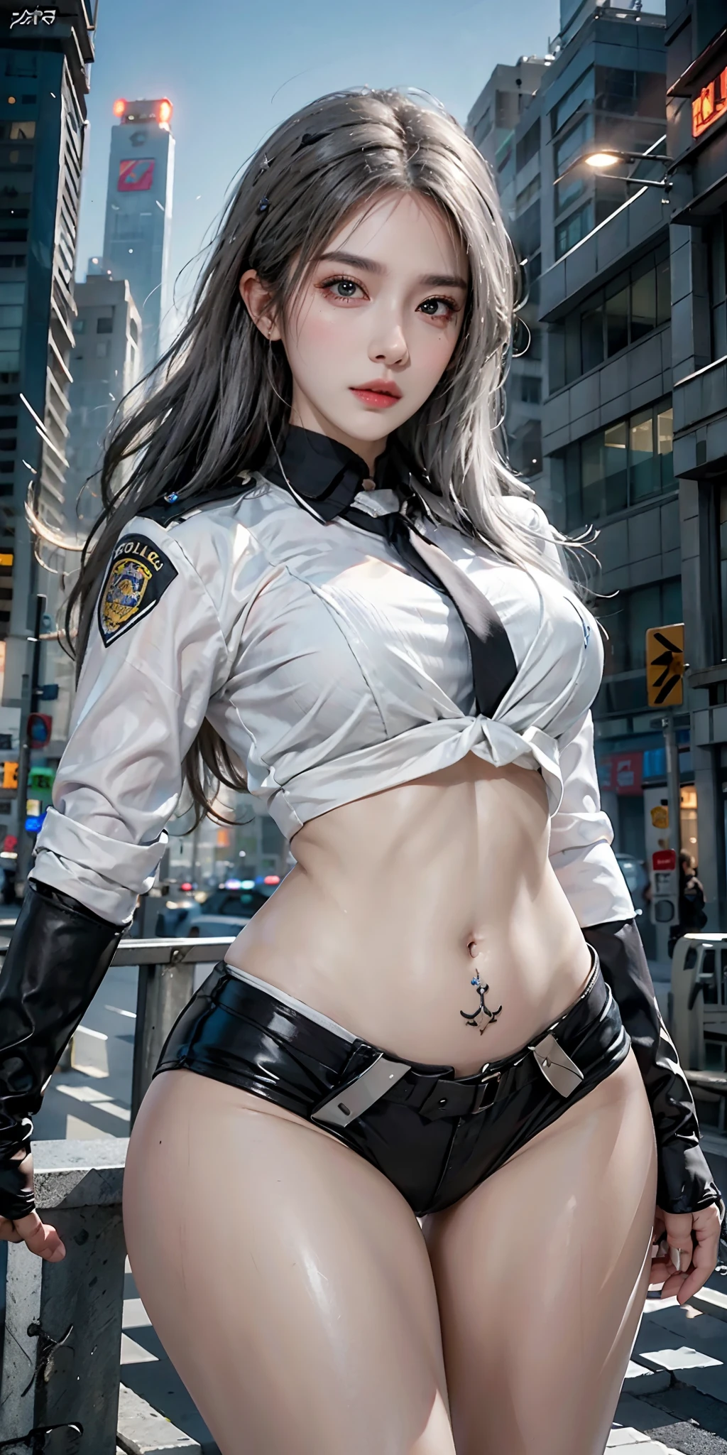 photorealistic, high resolution, soft light,1women, solo, hips up, (detailed face),tattoo, jewelry, night city, police uniform, white hair, police woman