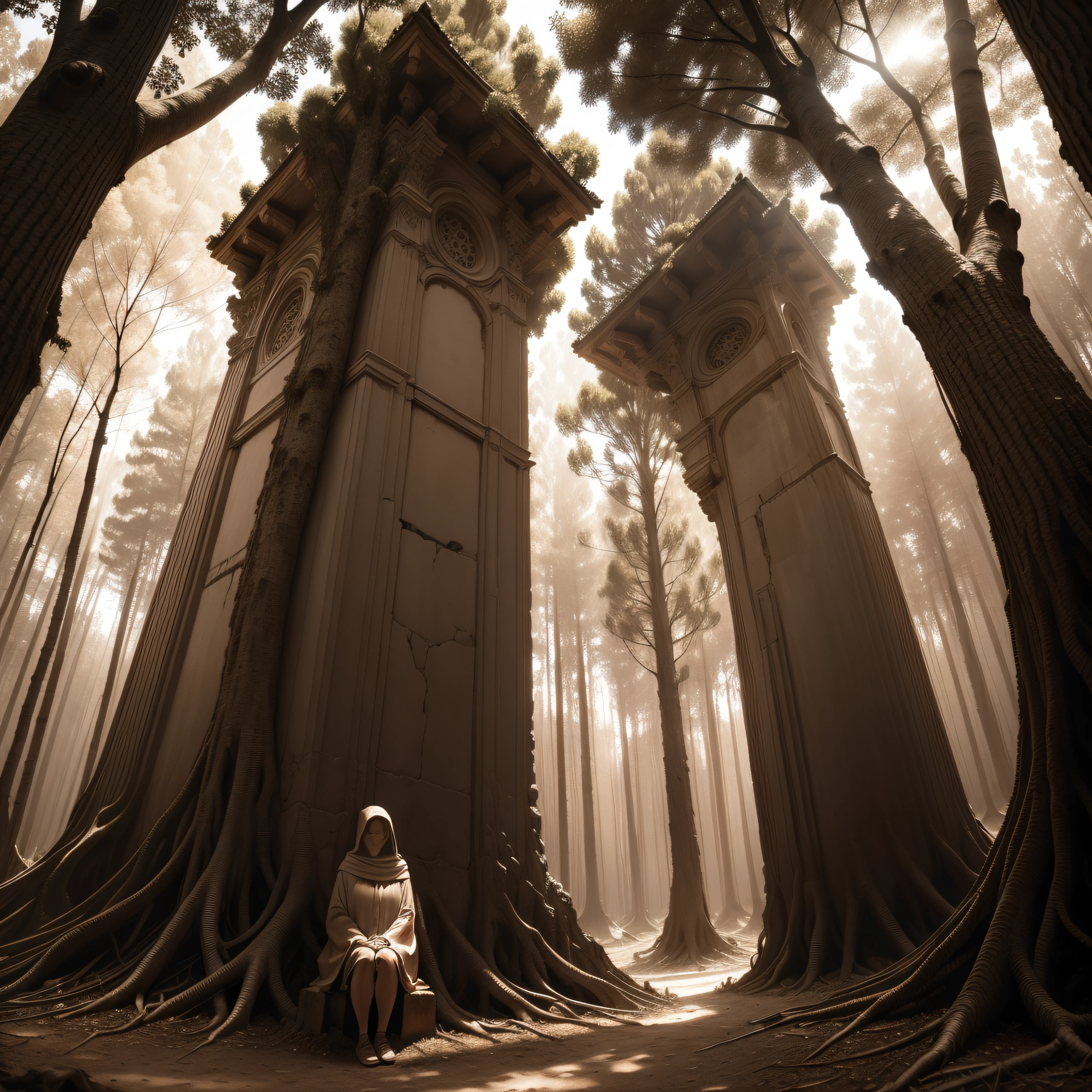 (extremadamente detallado, obra maestra, La mejor calidad, Tono sepia) bosque enorme, Trees with a human face, ruinas. Daytime Lighting.