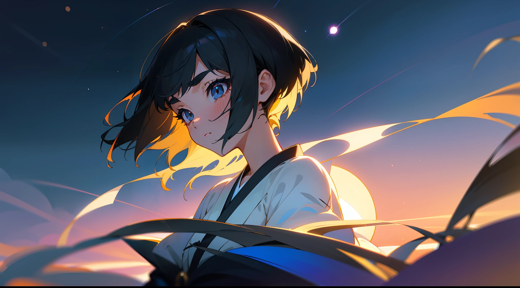 Original Characters、Volume Lighting、Best Shadows、Shallow depth of field、Portrait of an amazingly beautiful girl、Delicate beautiful attractive face with petite and seductive eyes、full bodyesbian、Summer Night Sky、skyrocket、Sharp Eyebrows、Girl in Japan yukata、Black Hair Shortcut Hair、Blush Eyeshadow、Shining eyes、Dark eyelashes、Blue yukata、Slim waist、River、Starry night sky、standingn、(top-quality、Superb Detail:1.25)、(独奏:1.3)、Brilliant Colorful Paintings
