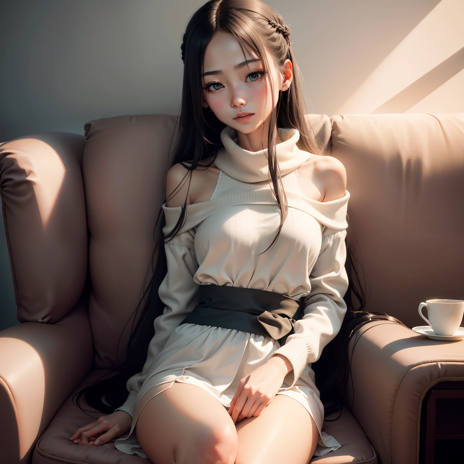Delicate and slender face,high and cold,sitting in the couch,Long hair and waist,二重まぶた,
