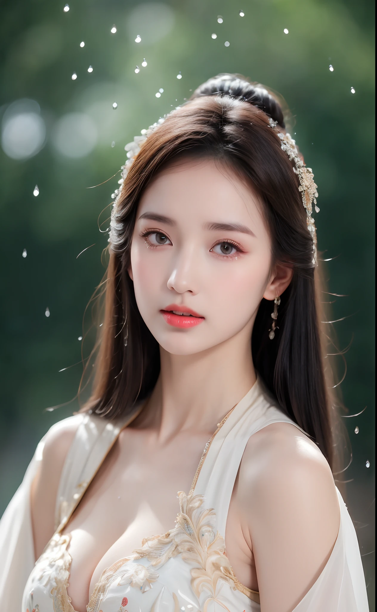 ((Best Quality, 8k, Masterpiece: 1.3)), Focus: 1.2, Perfect Body Beauty: 1.4, Buttocks: 1.2, ((Layered Haircut)), (Wet Clothes: 1.1), (Rain, Street:1.3), (Breasts: 1.2), (Hanfu: 1.2), Bare Shoulders, Bare Legs, Highly Detailed Face and Skin Texture, Fine Eyes, Double Eyelids, Whitened Skin, Long Hair, (Shut Up: 1.5), (Bokeh Background: 1.5), Big Breasts