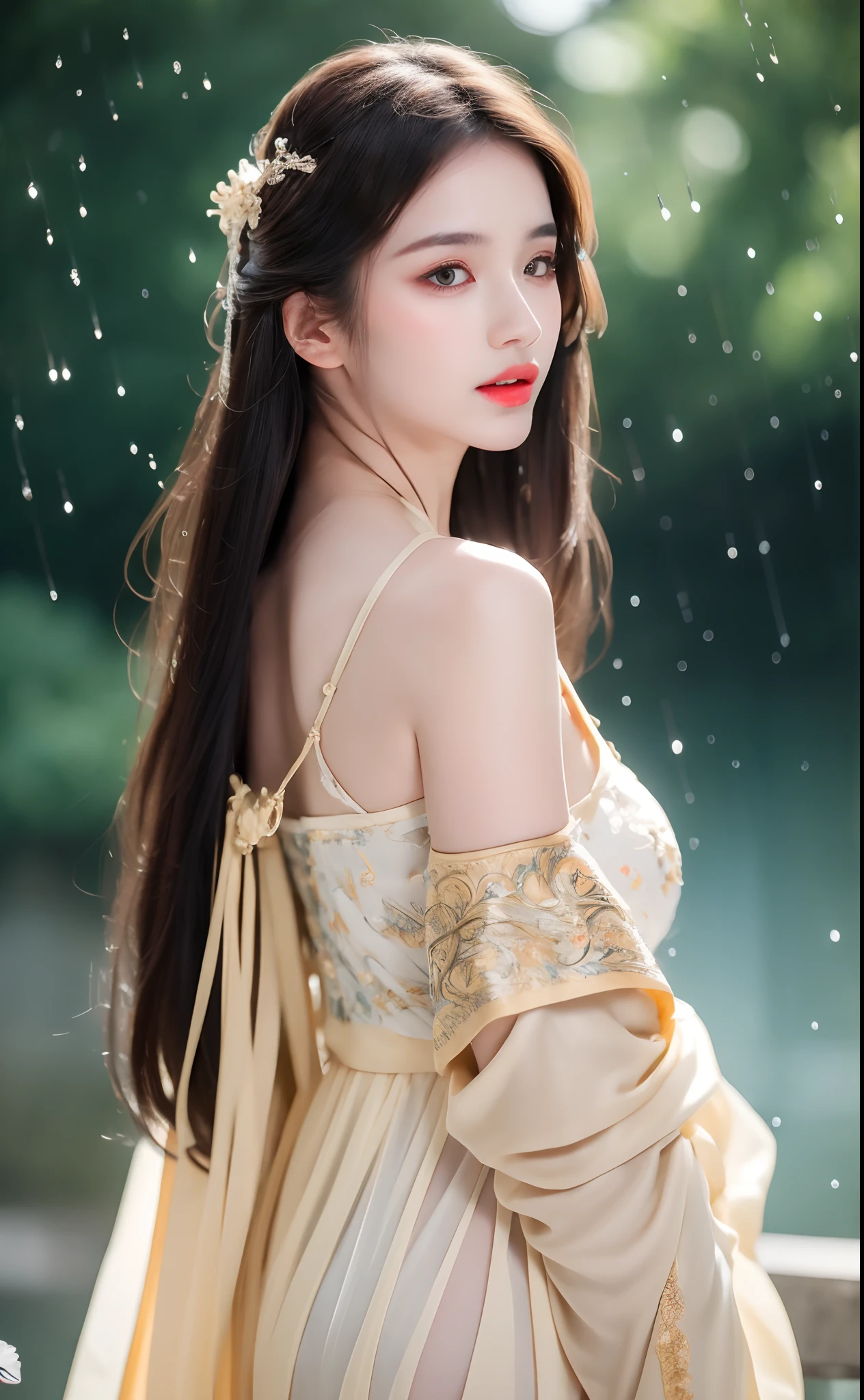 ((Best Quality, 8k, Masterpiece: 1.3)), Focus: 1.2, Perfect Body Beauty: 1.4, Buttocks: 1.2, ((Layered Haircut)), (Wet Clothes: 1.1), (Rain, Street:1.3), (Breasts: 1.2), (Hanfu: 1.2), Bare Shoulders, Bare Legs, Highly Detailed Face and Skin Texture, Fine Eyes, Double Eyelids, Whitened Skin, Long Hair, (Shut Up: 1.5), (Bokeh Background: 1.5), Big Breasts