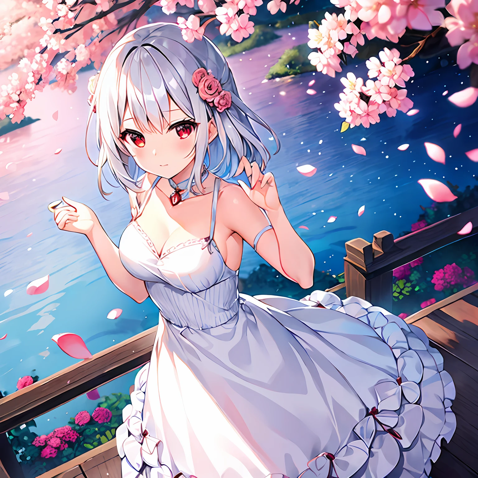 short silver hair、red eyes、Beautiful girl alone、独奏、animesque、Have a bouquet、doress、flower field、Cool-headed expression