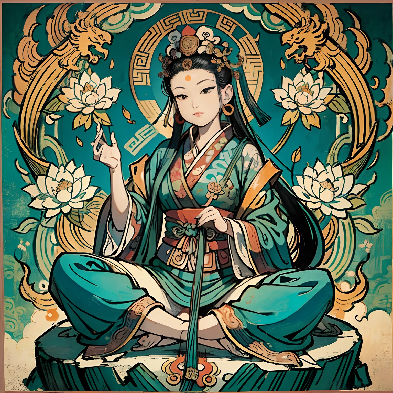 an ancient Chinese goddess, guanyin of the southern seas, Guanyin, Inspired by India, Avalokiteshvara Bodhisattva Phoenix,,Serene expression,shui mo hua,Buddha,Buddhist,Lotus,Chinese painting style,Thangka style