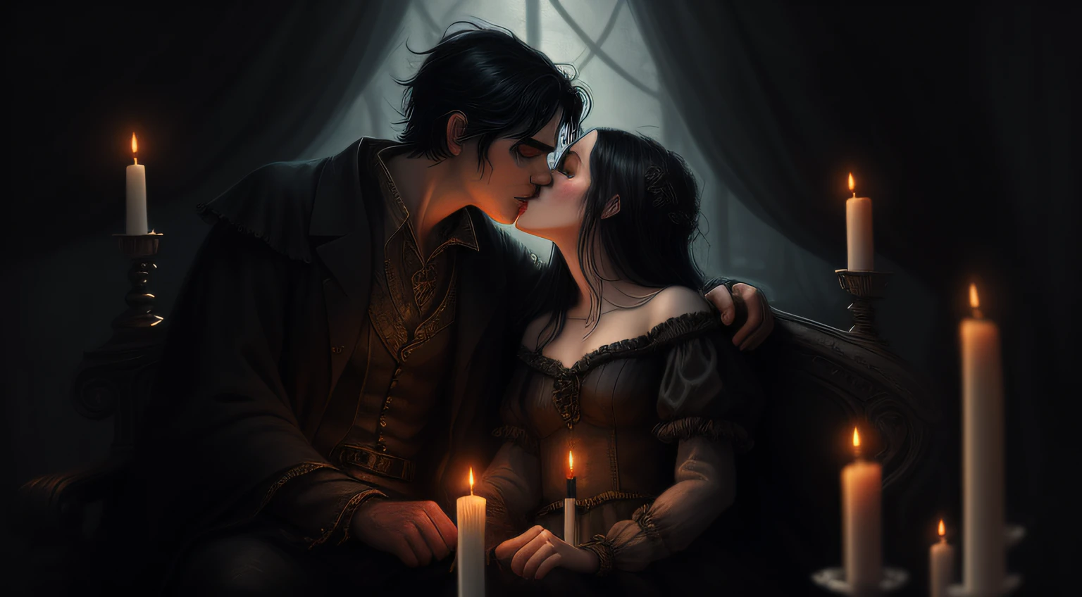 Girl sitting on the lap of a man with black hair, Kiss in the Night, gloomy atmosphere, Love, higly detailed, digitalpainting, fantasy, Fairytale atmosphere, candle lights