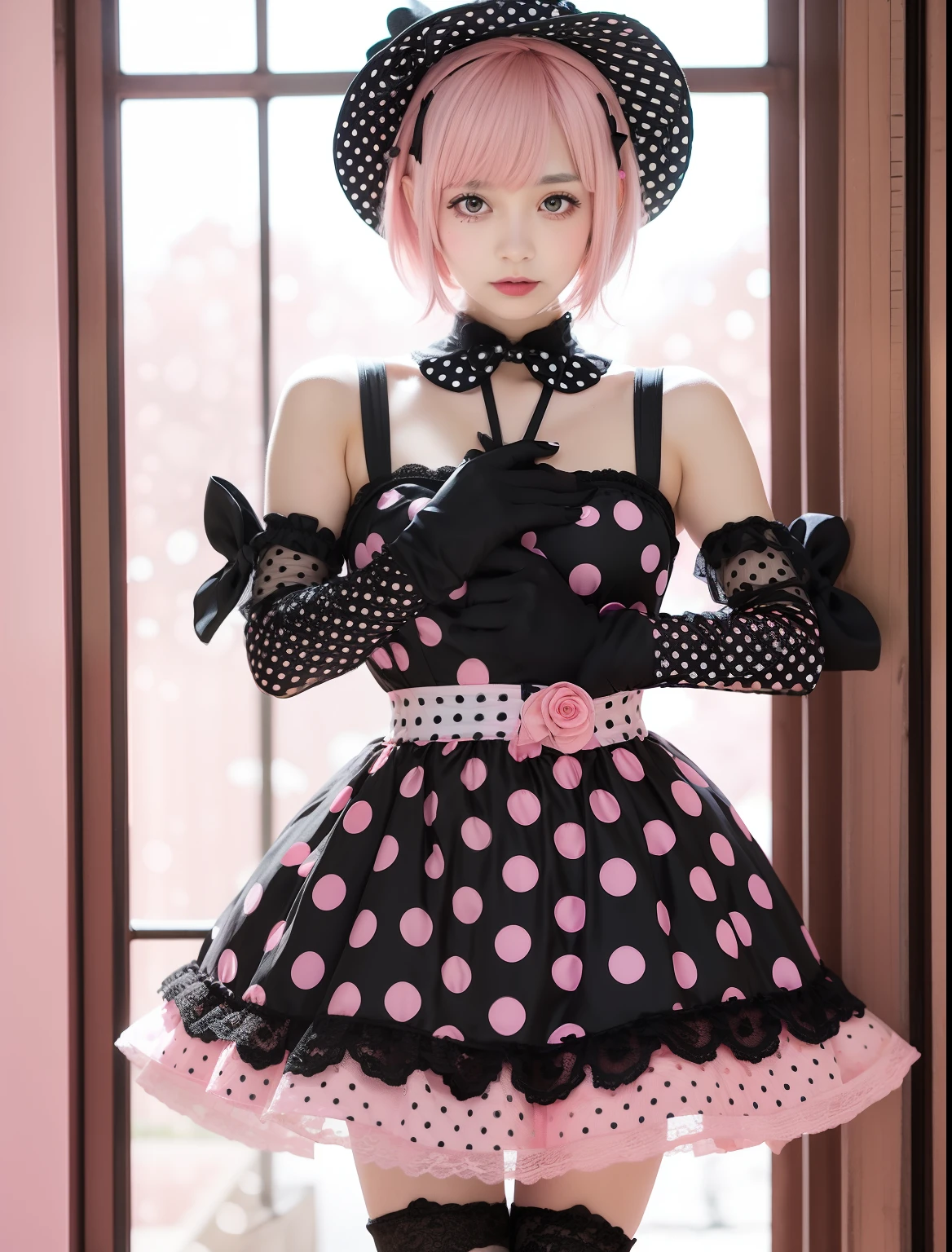 BREAK in gothic ta dress, (wearing (pink:1.2) and (black:0.8) dress with (polka dot pattern:1.2) and lace appliques:1.4), wearing no sleeves and halter neck, wearing short skirt with layers of lace and tulle, (wearing black gloves and pink shoes with straps:1.4),
BREAK (wearing black hat with pink bow:1.3),
BREAK (short pink hair with spikes and bangs,
