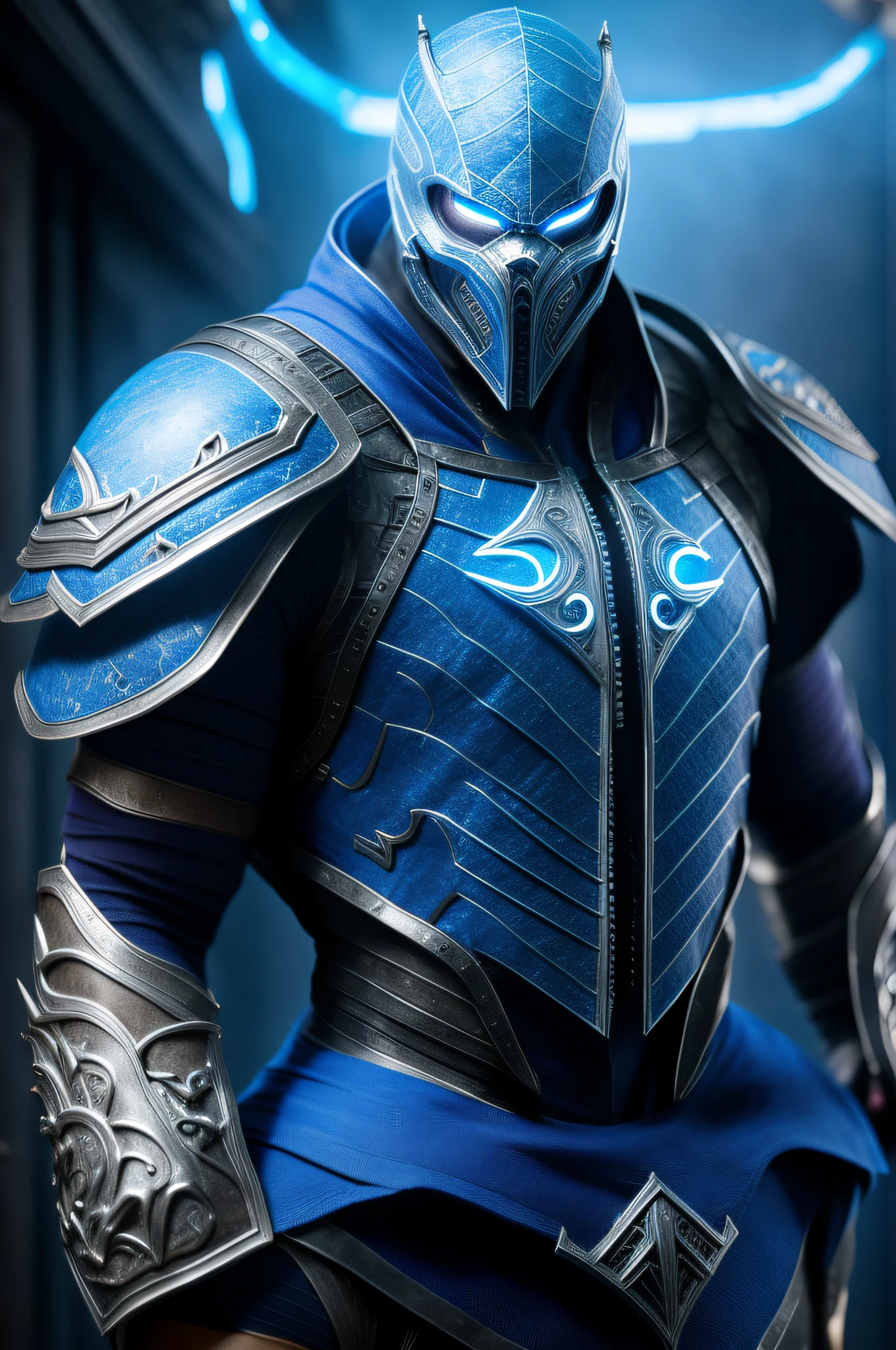 photo of subzero of mortal kombat ultra hyper cenematic ultra realistic, unreal engine 5, ultra 8k ulta high detailed,full body,beautful modern orante outfit ,sky blue neon eyes, cyborg with fibre armor ultra nano technologie photorealistic, photorealistic, 8k unreal engine 5, in style of Craig Mullins Ralph