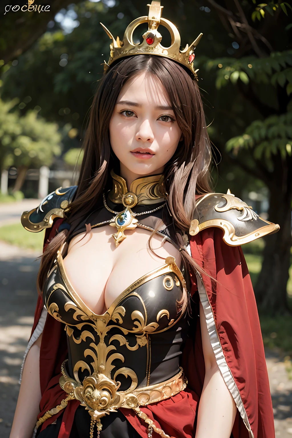 (masutepiece), Professional , ​masterpiece、top-quality、photos realistic , depth of fields （Gemstone Silver Metal Body:1.９),Background inside the castle、(Matte Red、Jewel Gold Weapon（Jewel Metal Body:1.４),Young 20 year old girl、（Gorgeous metal weapons） , With the Sword of the Brave, Beautiful knife   ,warhammer 40k , adepta sororitas,(Brown hair),Detail and ornate jewel crown、Golden hair、Gangle's forest background、Beautiful Caucasian beauty、１a person、dynamic ungle,(((Detailed and ornate diamond crown)))、Smaller head、A smile、Powerful poses、Background inside the castle、Thin and beautiful female hands、Old ancient ruins、A smile、cleavage of the breast、（Light effects from weapons）、