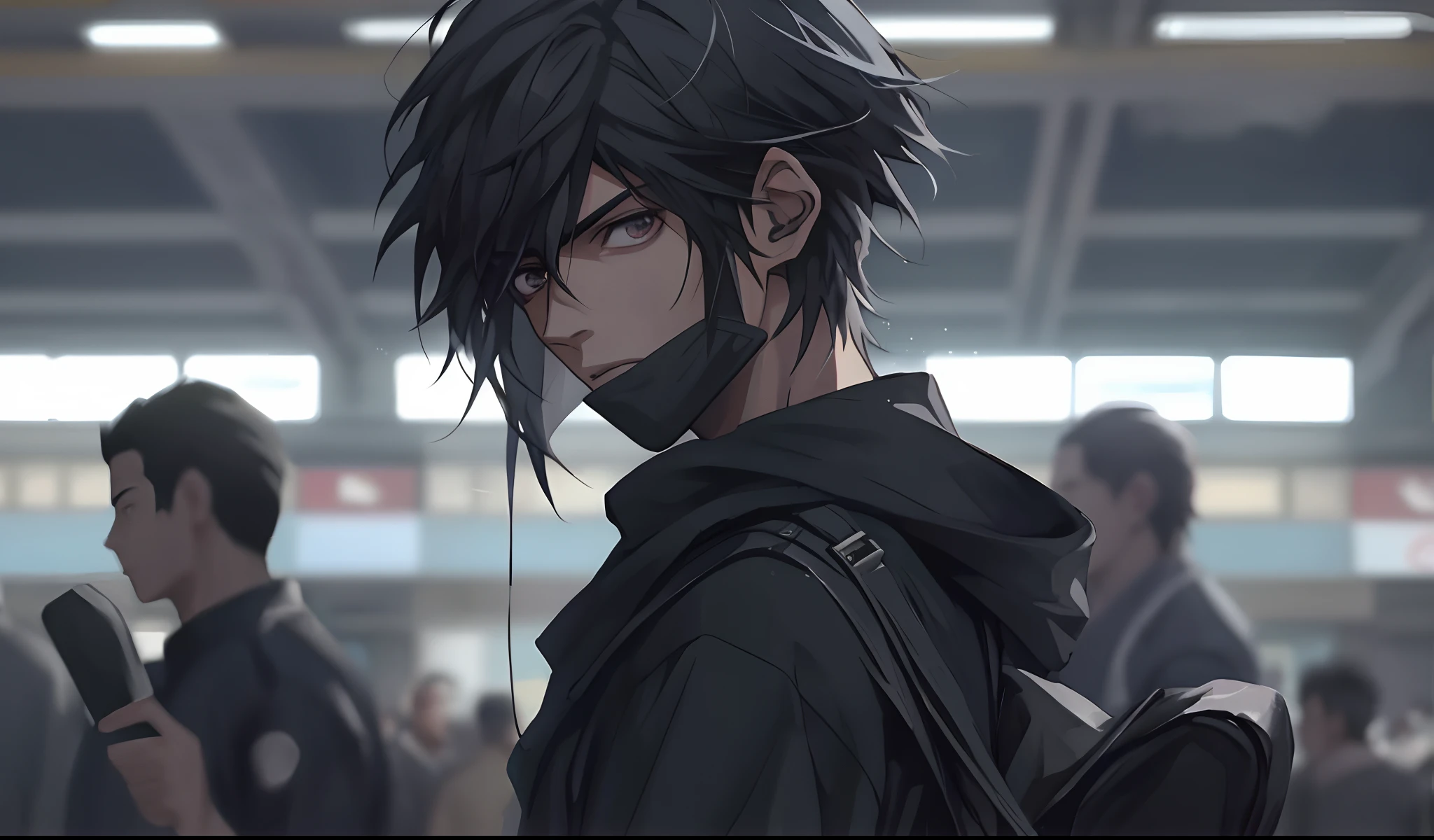 Anime characters with black hair and black jackets standing in the crowd, Guviz-style artwork, style of anime4 K, young anime man, Male anime style, male anime character, 4K anime wallpaper, High Quality Anime Art Style, Anime style. 8K, Detailed digital anime art, Badass anime 8 K, Anime boy, Guviz