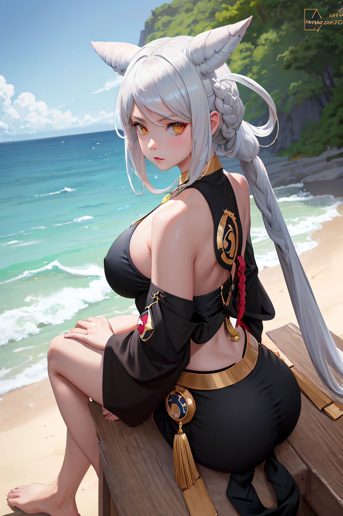 a girl in a black swimsuit sitting on a beach, is wearing a swimsuit, in the beach, at a beach, swimsuit, at the beach, wet swimsuit, realistic bikini, seductive anime girl, bathing suit, cute girl wearing tank suit, on a sunny beach, on a beach, thicc, kantai collection style, at the sea, ocean in the background,large breasts, bare shoulders, jewelry, white hair, yellow eyes,  necklace, (animal ears|red horn:0.85),navel,(masterpiece,best quality:1.5),fiction art, RAW photo, hanfu picture, best photo, best photo quality, 8k quality, 8k ultra, super realistic, real photo most economical