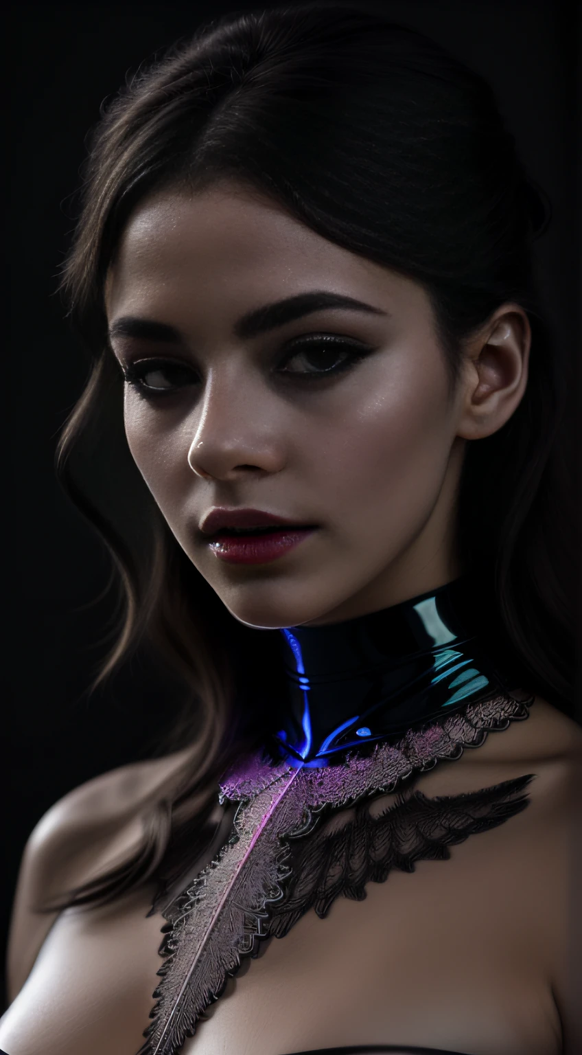 Detailed portrait cyberpunk (sks woman) (20 year old sks woman), futuristic neon reflective wear, sci-fi, perfect face, (tattoo), (long rainbow hair), matte skin, pores, hyperdetailed, hyper realistic, upper body shot, front facing, XXXL chest