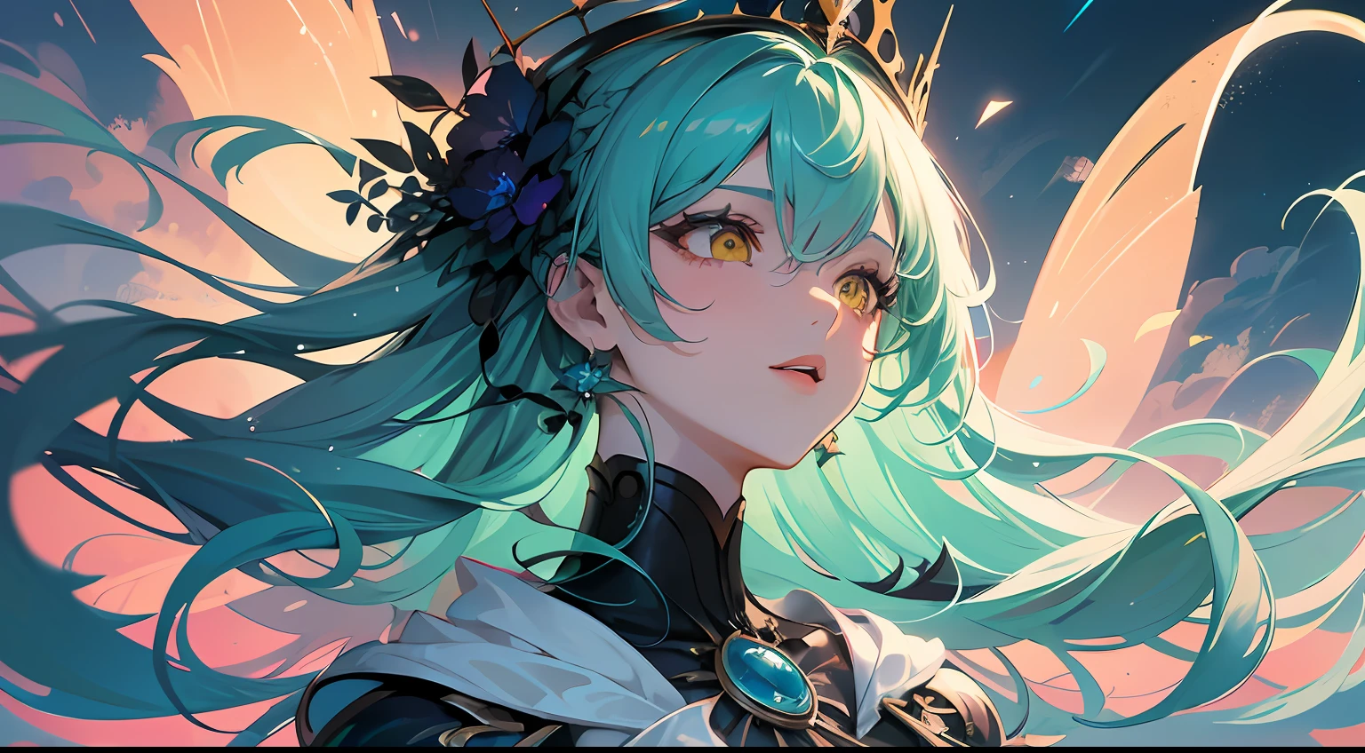 wlop, aeolian, jewelry, woman, queen, bright color, side light, pointed crown, super detail, depth of field, magic array, green hair, braid hair, yellow eyes, lips, light magic, yellow magic, amber, large area, incredible, super detail, extremely detail, (high contrast: 1.11), wind, amazing, beautiful detail eyes, messy hair, ( best lighting, extremely delicate and beautiful), ((cinema light)), (from the side: 1.3), 8K, masterpiece, best quality, movie stills, 1girl, floating in the sky, cloud girl, clouds, (close-up: 1.1), bright, happy, fun, soft lighting, (Bauhaus, shapes, lines, abstract: 1.1) official art, Unity 8k wallpaper, super detailed, beautiful and beautiful, masterpiece, best quality, (dynamic angle: 1.4), romantic depth of field exotic_ dance, Perfect NwsjMajic, (Masterpiece, Top Quality, Best Quality, Official Art, Beauty and Aesthetics: 1.2), Extreme Detail, Colorful, Highest Detail,