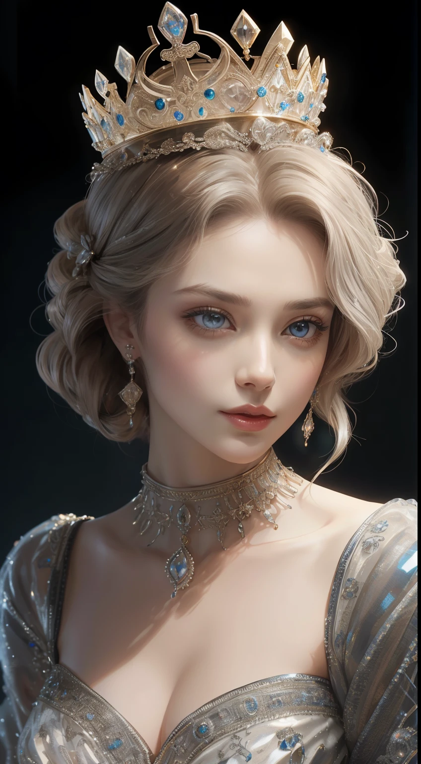 tmasterpiece,Highest image quality,Beautiful bust of a royal lady,Delicate silver hairstyle,The golden eyes are clear,Embellished with a dazzling array of intricate jewelry,super detailing,upscaled。