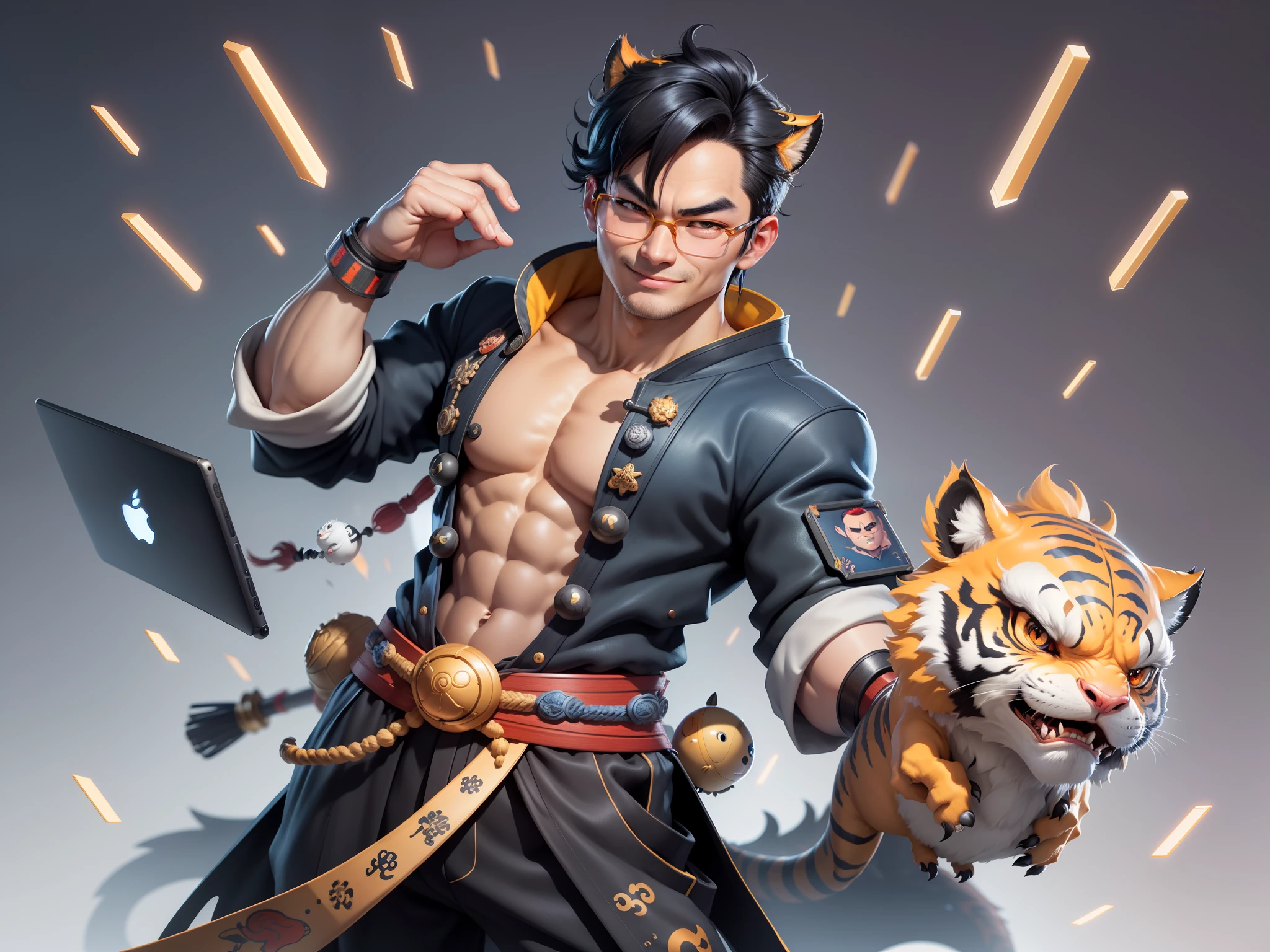 (Masterpiece), (Excellent), (Super Meticulous), (Full Body: 1.2), Super Young Man with Japanese Female Geisha, Pretty, Beautiful, Chinese Dragon, Tiger, Wind God Thor, Sexy, Bursting, Oriental Face, TV Anchor, Bust Portrait Illustration, Black Suit, Blue Tie, Slightly Chubby Face, Silver Glasses, Very Clean Face, No Beard on Chin, Black Super Short Hair, Black Eyes, Confident Smile, 3c Computer Sub-Products, iPad, iPhone, Digital Painting, 3D character design by Mark Clairedon and Pixar and Hayao Miyazaki and Akira Toriyama, the illustrations are HD illustrations in 4K resolution with highly detailed facial features and cartoon-style visuals.