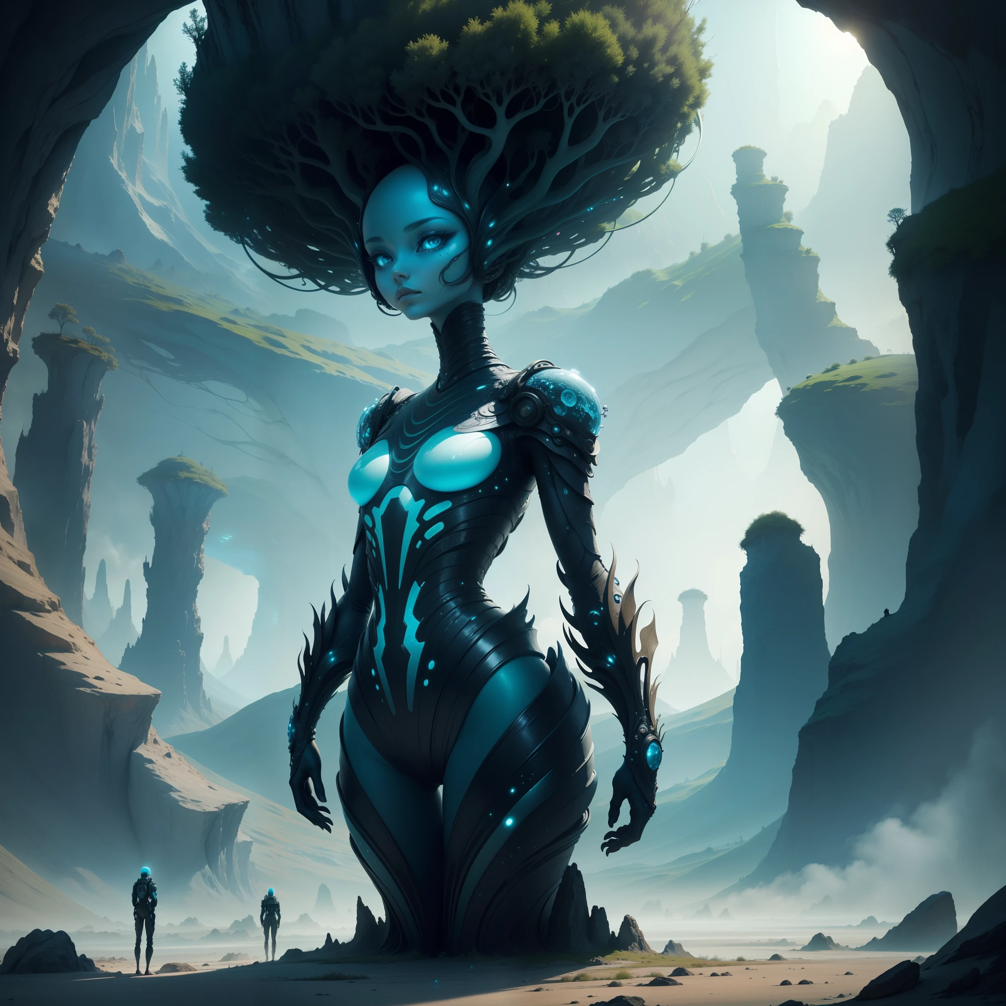 An otherworldly landscape where humans make contact with enigmatic alien beings, depicted in a mesmerizing and imaginative art style. The alien creatures possess intricate biology, and the scene showcases their unique culture and technology against an awe-inspiring backdrop.