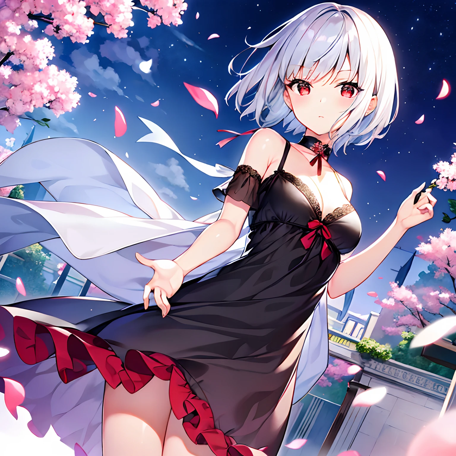 short silver hair、red eyes、Beautiful girl alone、独奏、animesque、Have a bouquet、doress、flower  field、Cool-headed expression