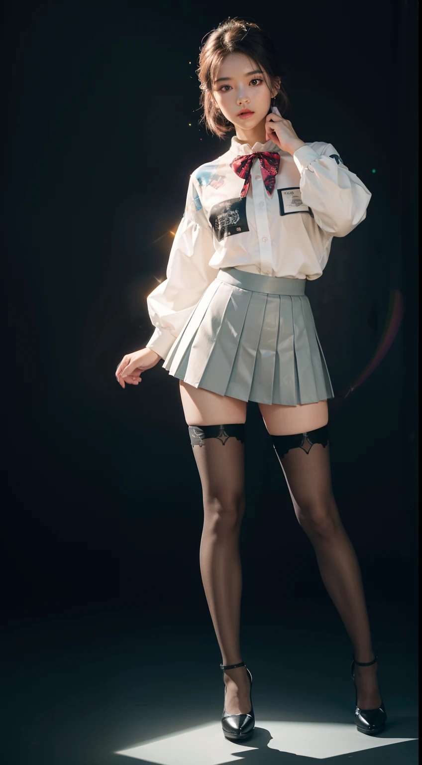(full body:1.5)，(1girl:1.3),(view the viewer:1.4)，(anatomy correct:1.45),(Dancing on high mountain peaks:1.3),(very thick printed pantyhose:1.4),( A woman Wear printed fantasy colorful JK student uniform pleated skirt and uniform pointed high-heeled leather shoes :1.35)， (Light particle effect:1.3),(In pink | amarelo | blue colors| green color |red color | white colors| black in color| purplish color| greys| Beige| Flesh color 1.4)，(Glowing eyes:1.3),(Large amplitude action: 1.3)，(Accurate and perfect face:1.4),hyper HD, Ray traching, reflective light，structurally correct, Award-Awarded, high detail, lighten shade contrast, Face lighting，cinmatic lighting, tmasterpiece, super detailing, high quality, high detail, best quality, 16k，High contrast,