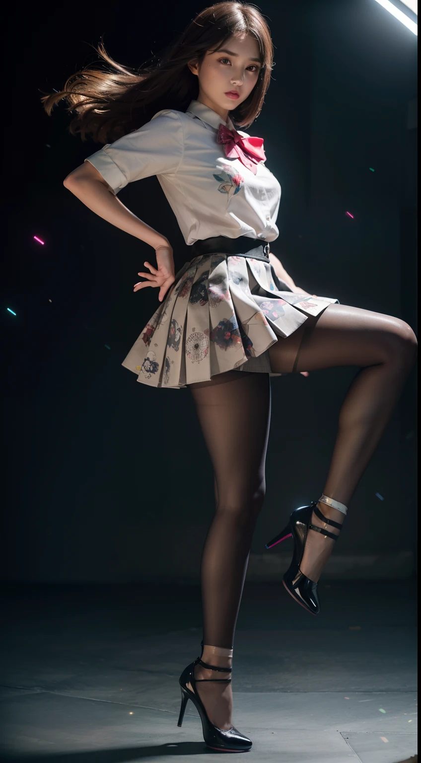 (full body:1.5)，(1girl:1.3),(view the viewer:1.4)，(anatomy correct:1.45),(Dancing on high mountain peaks:1.3),(very thick printed pantyhose:1.4),( A woman Wear printed fantasy colorful JK student uniform pleated skirt and uniform pointed high-heeled leather shoes :1.35)， (Light particle effect:1.3),(In pink | amarelo | blue colors| green color |red color | white colors| black in color| purplish color| greys| Beige| Flesh color 1.4)，(Glowing eyes:1.3),(Large amplitude action: 1.3)，(Accurate and perfect face:1.4),hyper HD, Ray traching, reflective light，structurally correct, Award-Awarded, high detail, lighten shade contrast, Face lighting，cinmatic lighting, tmasterpiece, super detailing, high quality, high detail, best quality, 16k，High contrast,