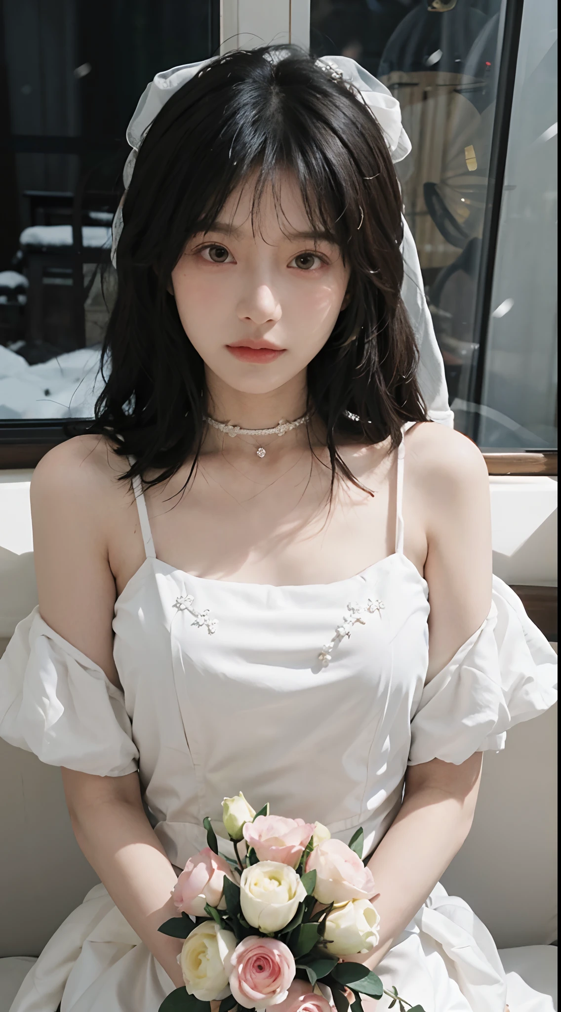 Portrait photography，1 girl，church，White Wedding Dress，White veil，Beautiful wedding dress，Bare shoulders，Lipstick，(Big Breasts:1.6)，Shoulder-Length Wavy Hair，Wear a necklace，Headband，serene，calm，(Realistic and detailed eyes，Natural skin texture，Realistic facial details)，