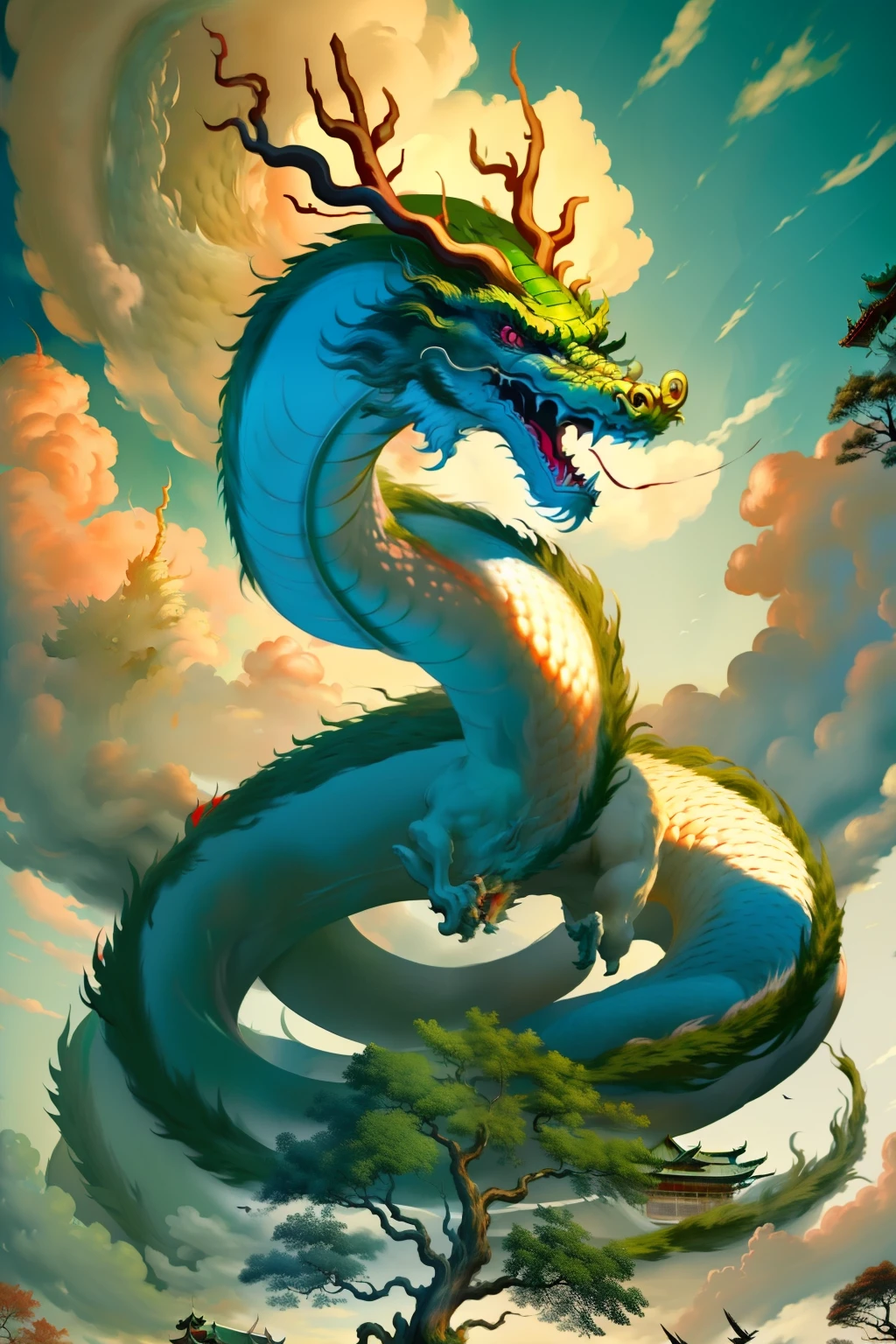 Best quality,masterpiece,ultra high res, (long:1.2),no humans, cloud, architecture, east asian architecture, red eyes, tree branch horns, open mouth, sky, fangs, eastern dragon, cloudy sky, teeth, flying, tree body, leaf