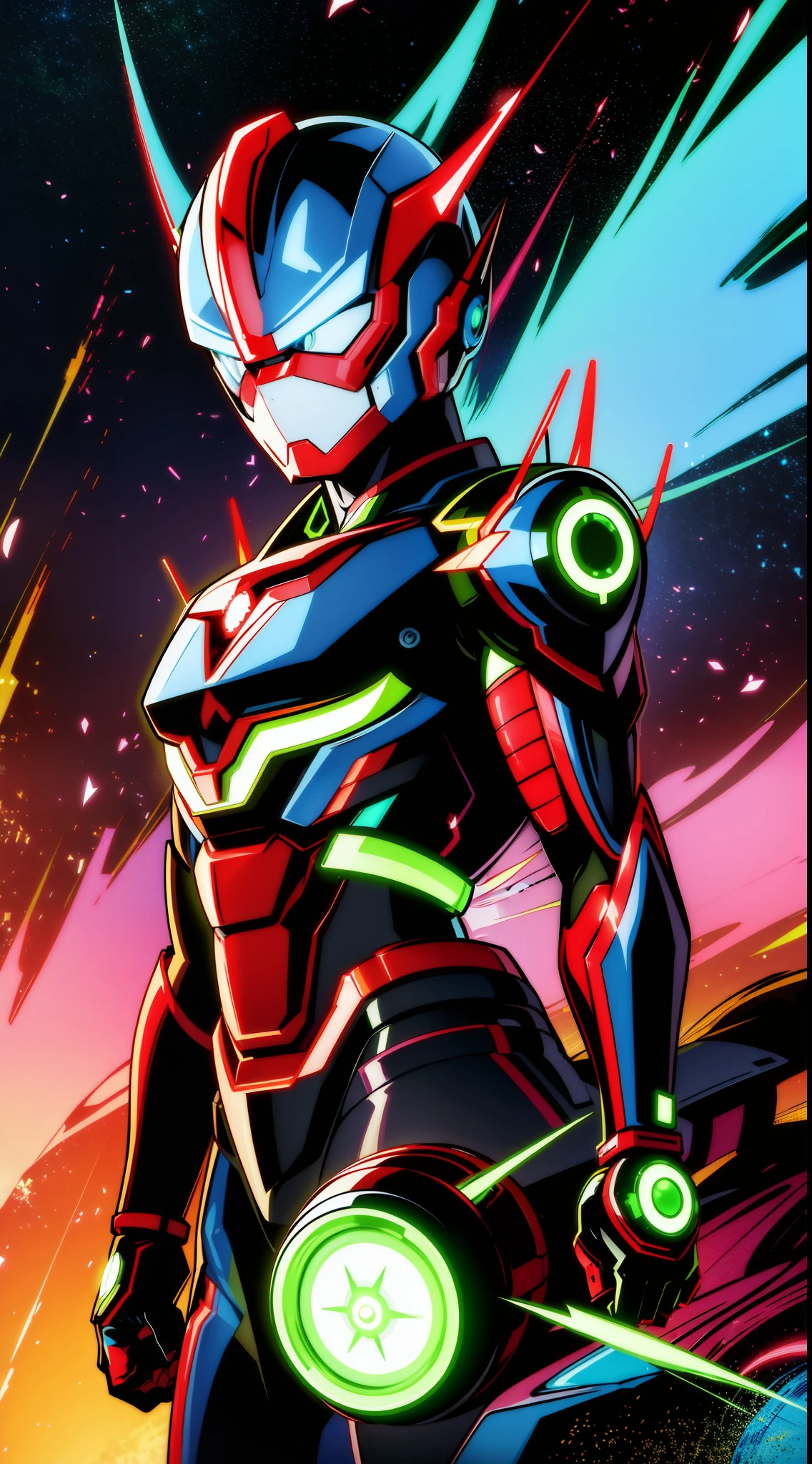 8K,Crisp contours、Clear solid line、Ninja、Electromechanical、silhuette、cyberpunked、A logo、mechanic、heroic、traffic jam、knifes、Vivid Color、Back alley、Luminous Eyes、Flying shurikens、Acrobatic poses、One Ninja、Aura of green flame、A Japanese style、TOKYOcty、Neon Street、masks、Luminous Eyes、Activate the jutsu、The afterimage of movement is expressed in neon colors.、Crazy smiling ninja、Kamen Rider、Heisei Rider、Heisei Kamen Rider、Reiwa Rider、Reiwa Kamen Rider、ironman、ULTRAMAN,battle suits、Mechanical armor、glossmetallic luster、Body that glows in vivid color、Vivid color aura、Full-face helmet、Eyes that glowed white、muffler、Muffler fluttering in the vivid color wind、android、