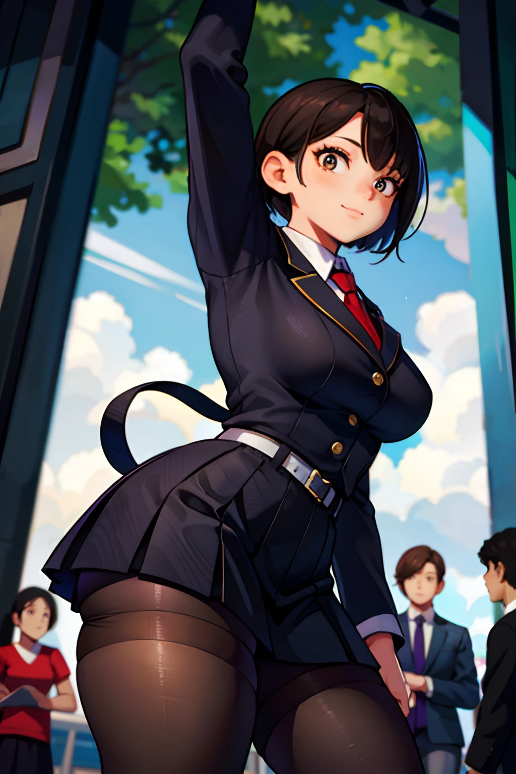 tmasterpiece，Best quality at best，1girll，Young girls，with brown eye，short detailed hair，Morbid smile，shiny skins，（nice leg line：1.3），thick thight，thick-waisted，
break
school uniform，tiese，（pencil skirts）），lacepantyhose，high heels
BREAK
park，The crowd looked surprised，depth of fields，looking at viewert，standing on your feet，from back，The upper part of the body，Legs up，Big breasts as big as basketball，Big cows，big assa，Pinch your chest with your hands